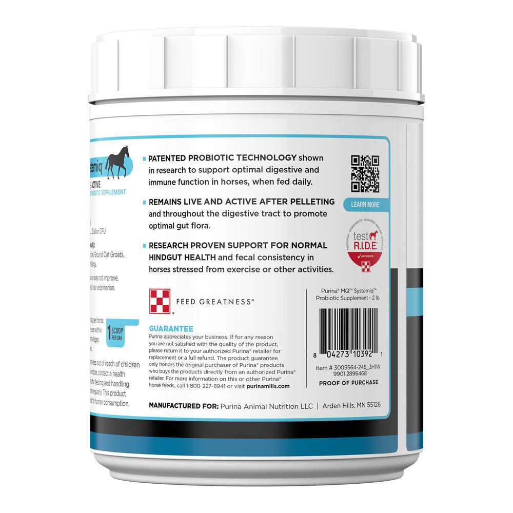 Purina Systemiq comparaison de taille du bocal près d'un cheval, indiquant quantité pratique
