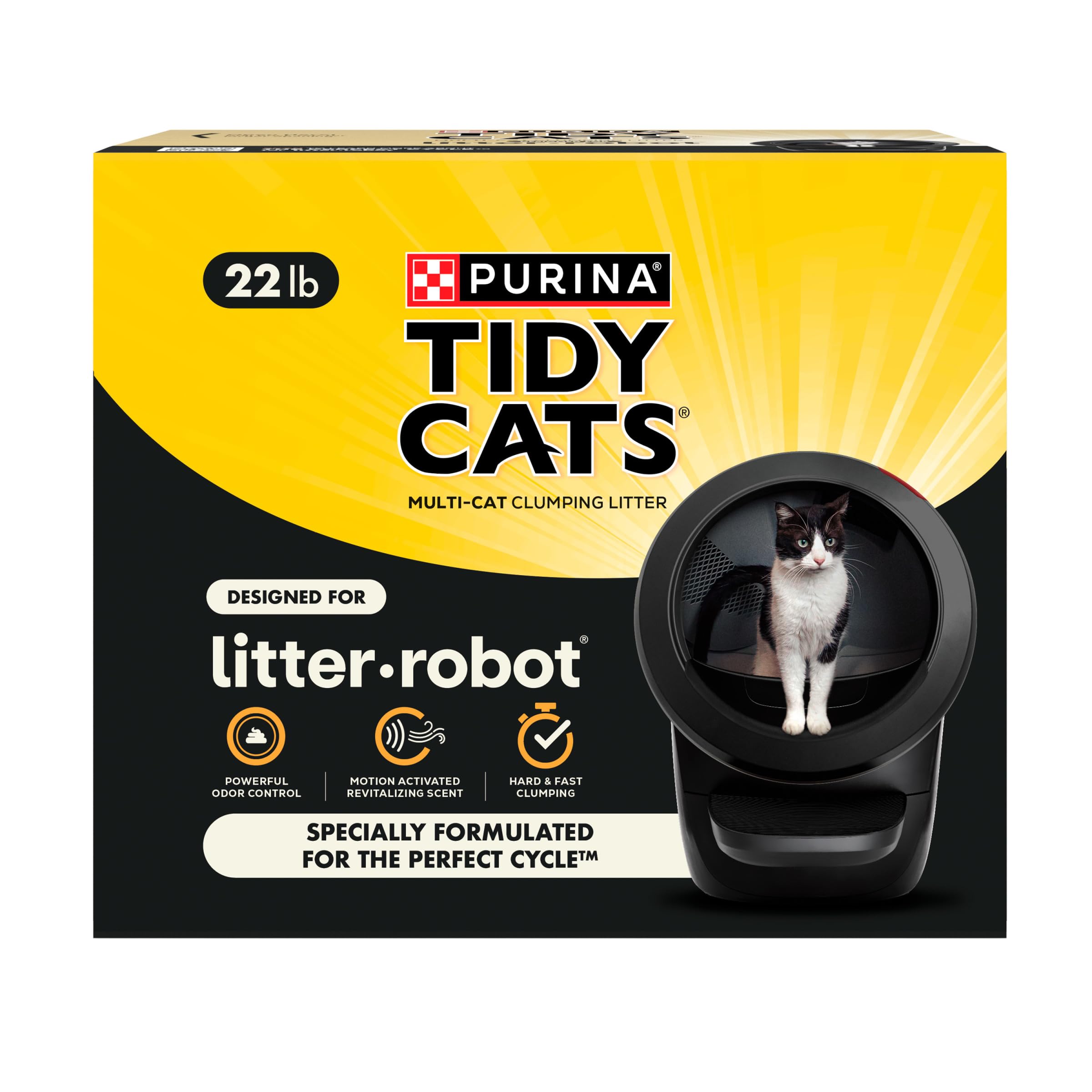 Purina Tidy Cats devant l'emballage montrant la marque et avantage frais