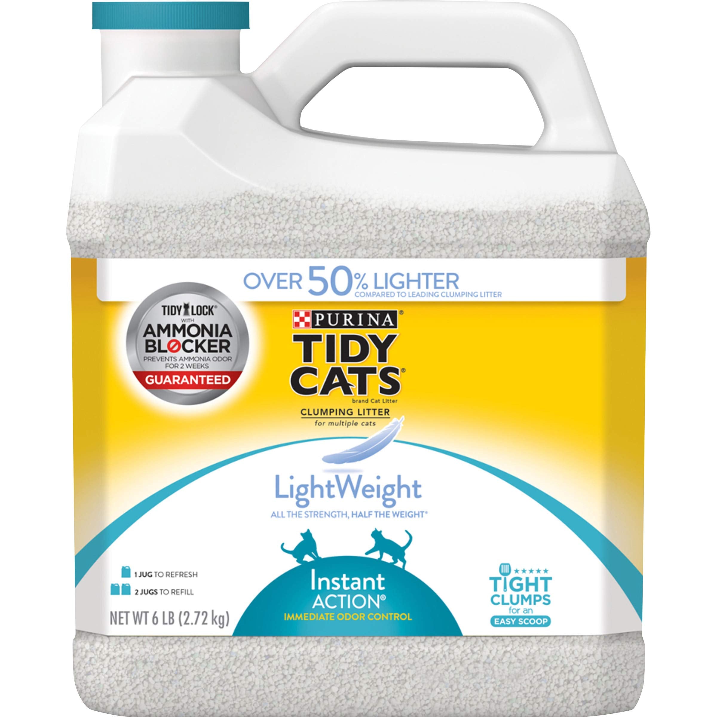 Purina Tidy Cats face avant du bidon montrant emballage pratique et gain de place