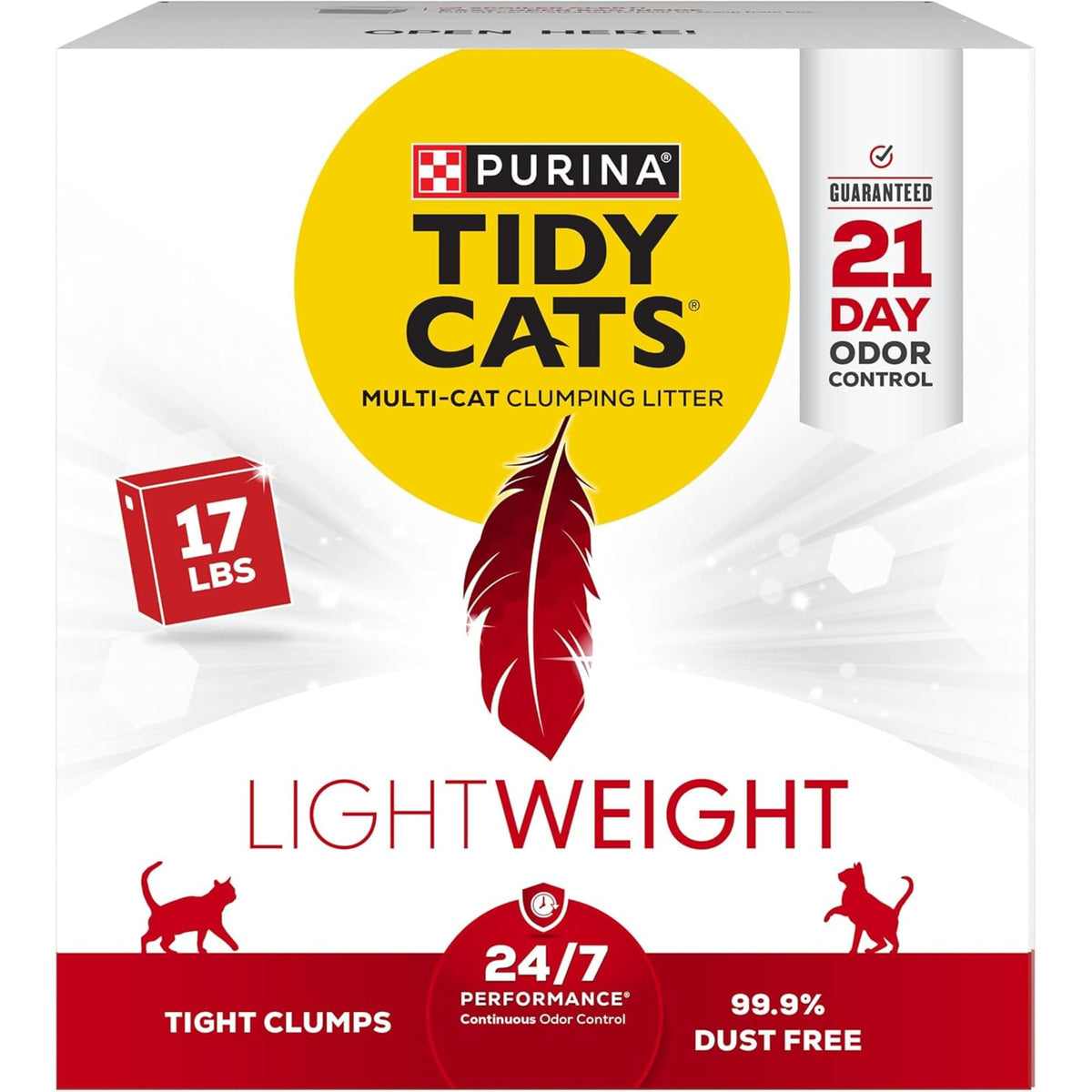 Purina Tidy Cats vue avant de la boîte, facile à transporter et pratique