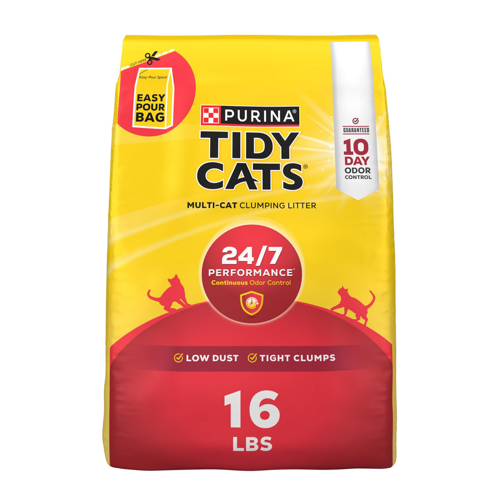 Purina Tidy Cats emballage avant montrant le sac pratique et l'information produit pour un rangement facile