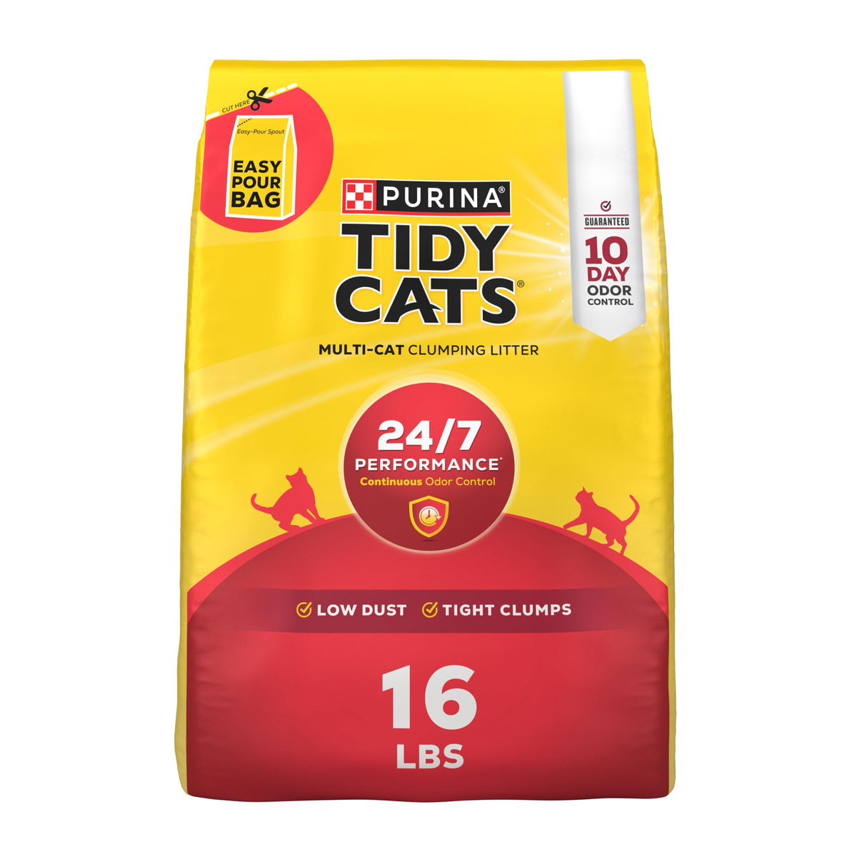 Purina Tidy Cats emballage avant montrant le sac pratique et l'information produit pour un rangement facile