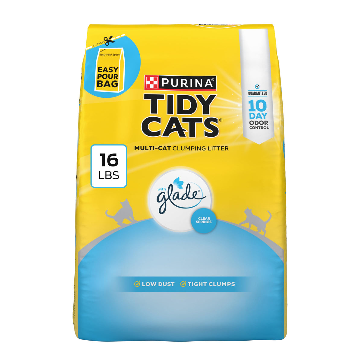 Purina Tidy Cats emballage avant montrant un contrôle d'odeurs fiable