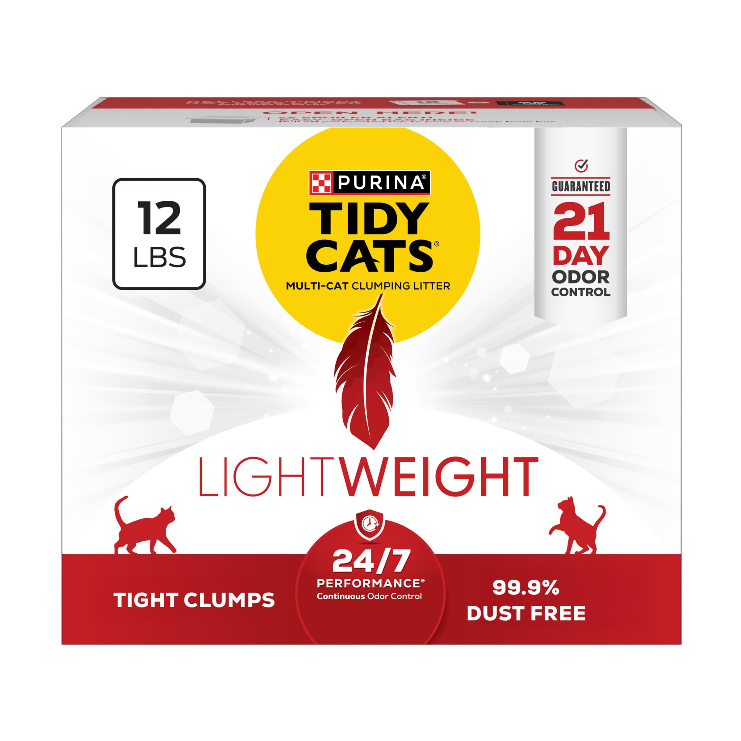 Purina Tidy Cats emballage avant montrant format 12 lbs et bénéfice transport facilité
