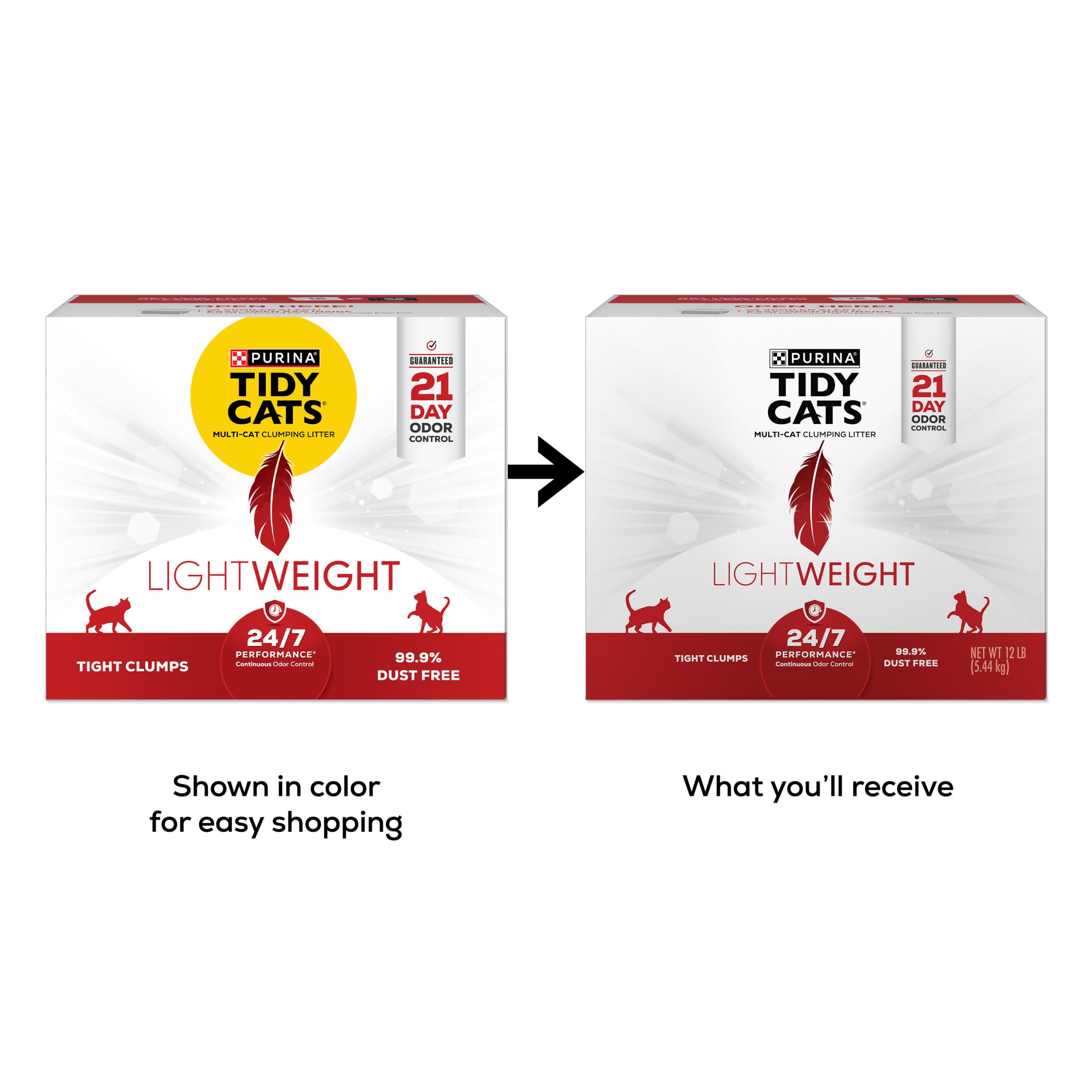 Purina Tidy Cats gros plan sur granules montrant absorption et désodorisation lente