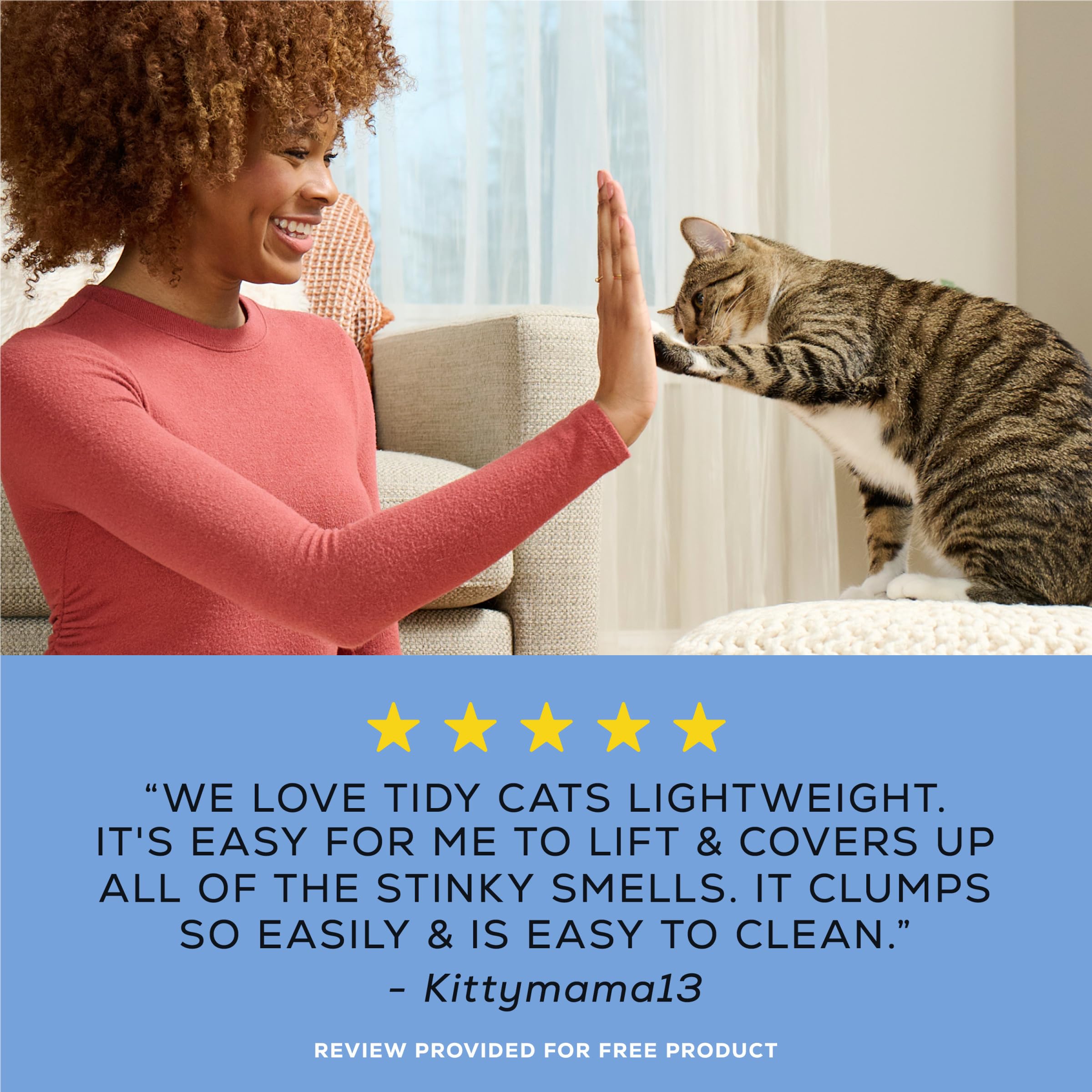 Purina Tidy Cats scène maison avec chat heureux et odeur propre de linge