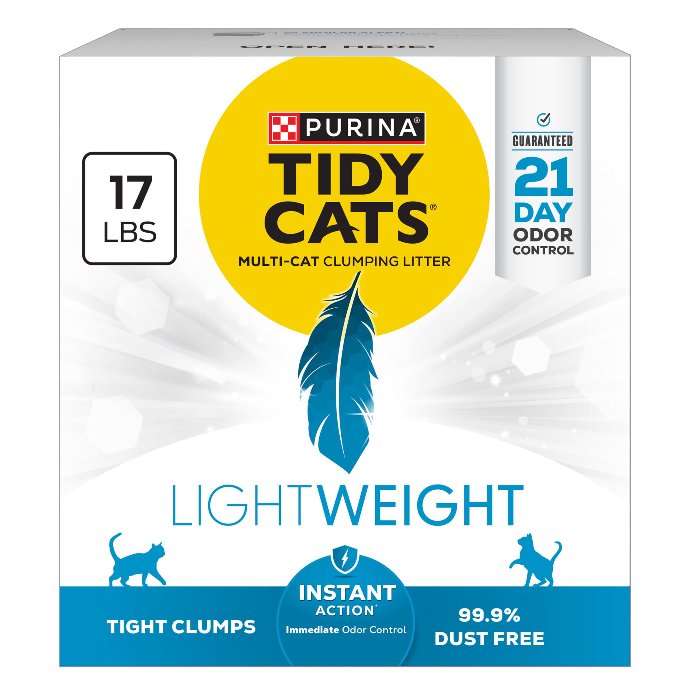 Purina Tidy Cats sachet avant montrant le format 17 lb et facilité de transport