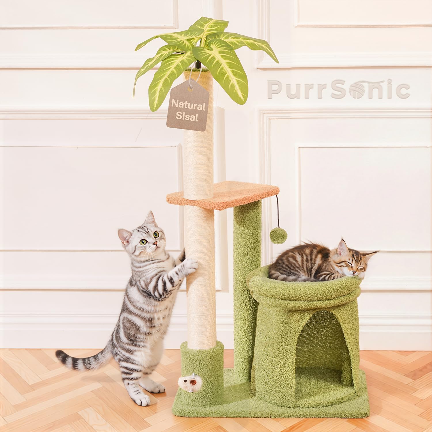 PurrSonic vue frontale de la tour à chat, design gain de place et jeu sécurisé