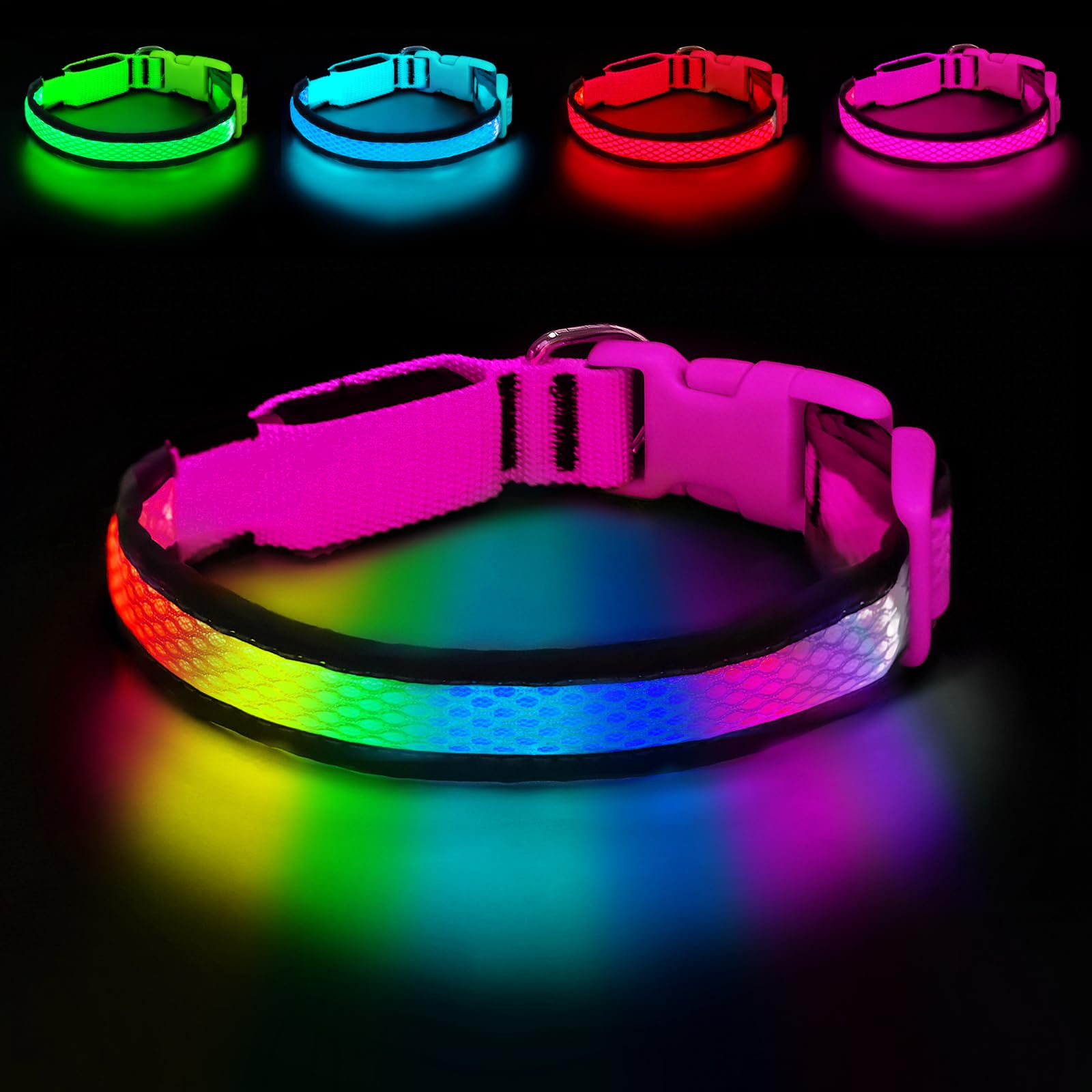 PWOD collier LED face avant montrant la couleur fixe et la visibilité nocturne