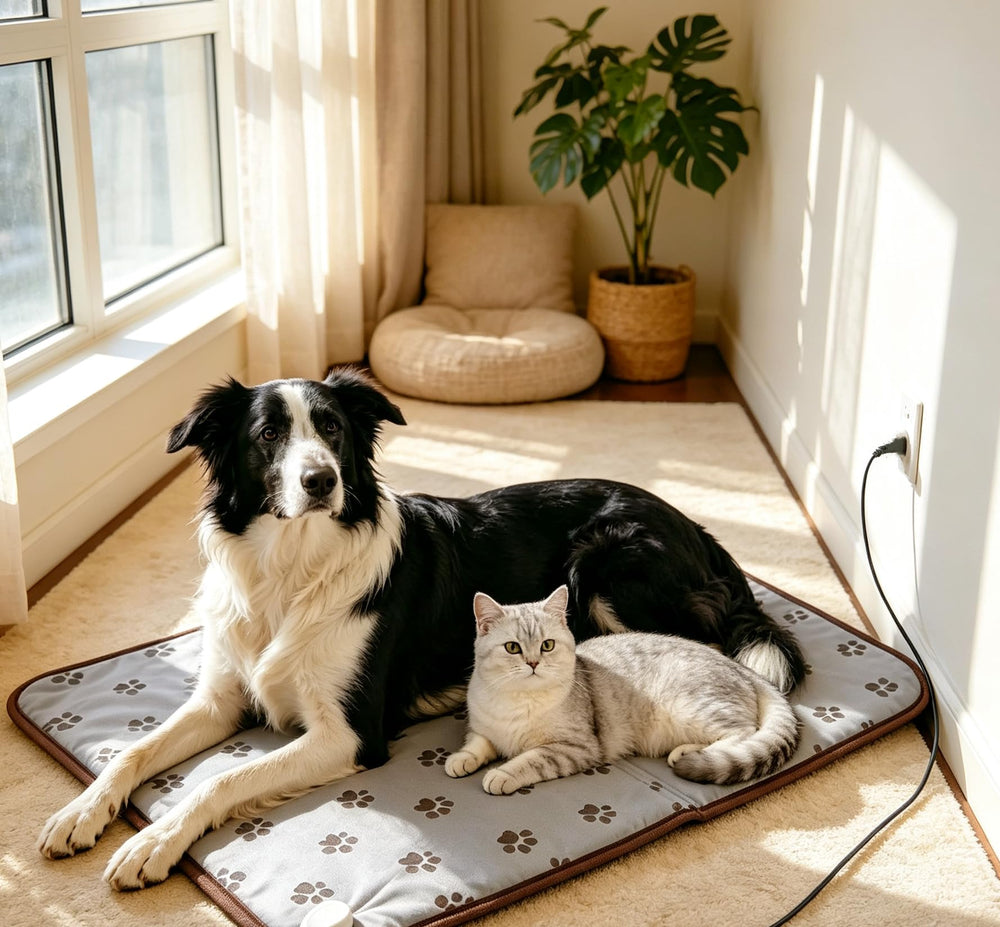 QUASILOVE chiots reposant sur le tapis chauffant pour maintien au chaud