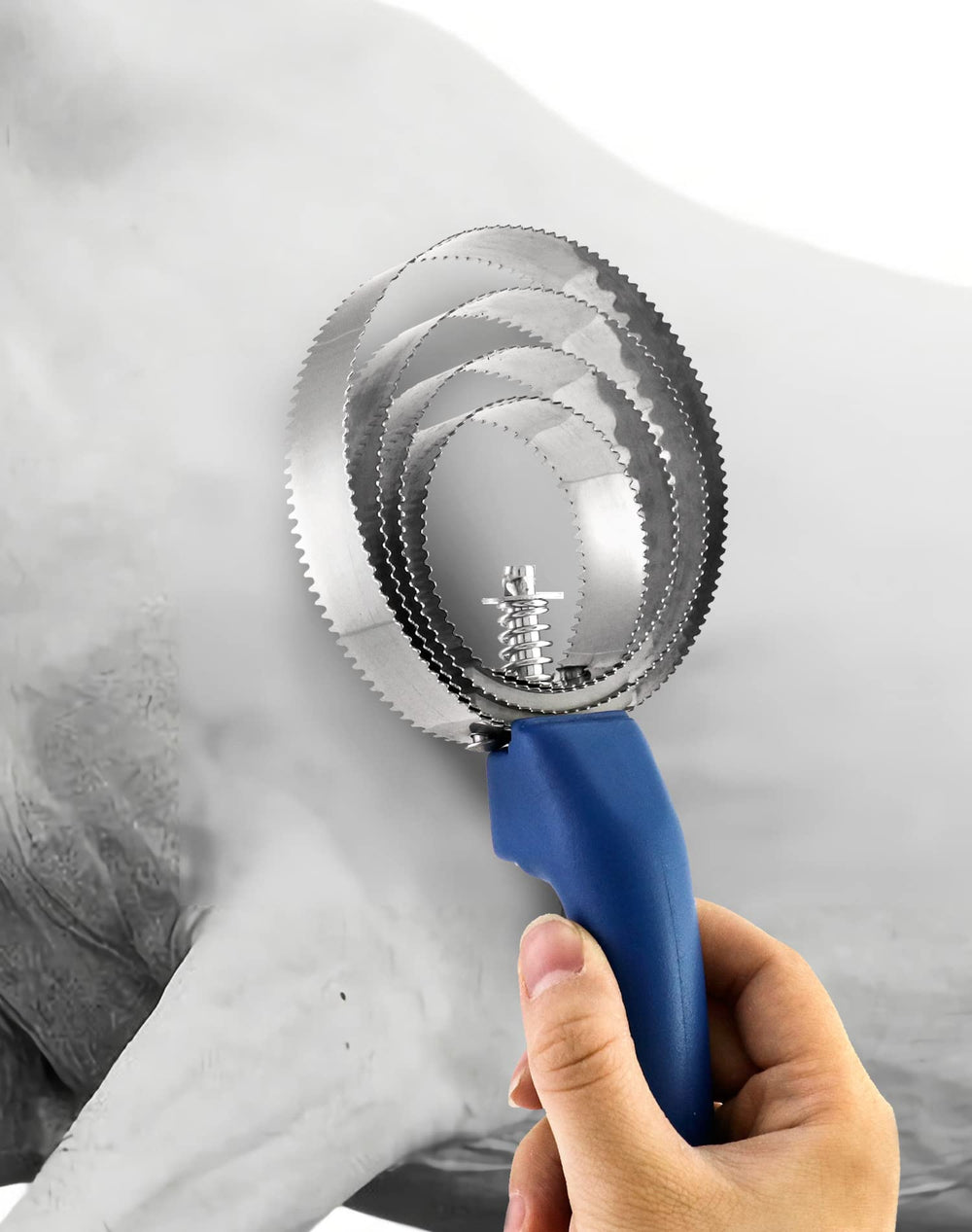 QWORK étrille utilisée sur un cheval facilitant le toilettage rapide et efficace