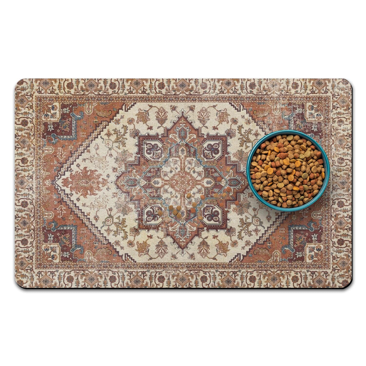 QXWREL face avant du tapis montrant la zone pour gamelles et protection