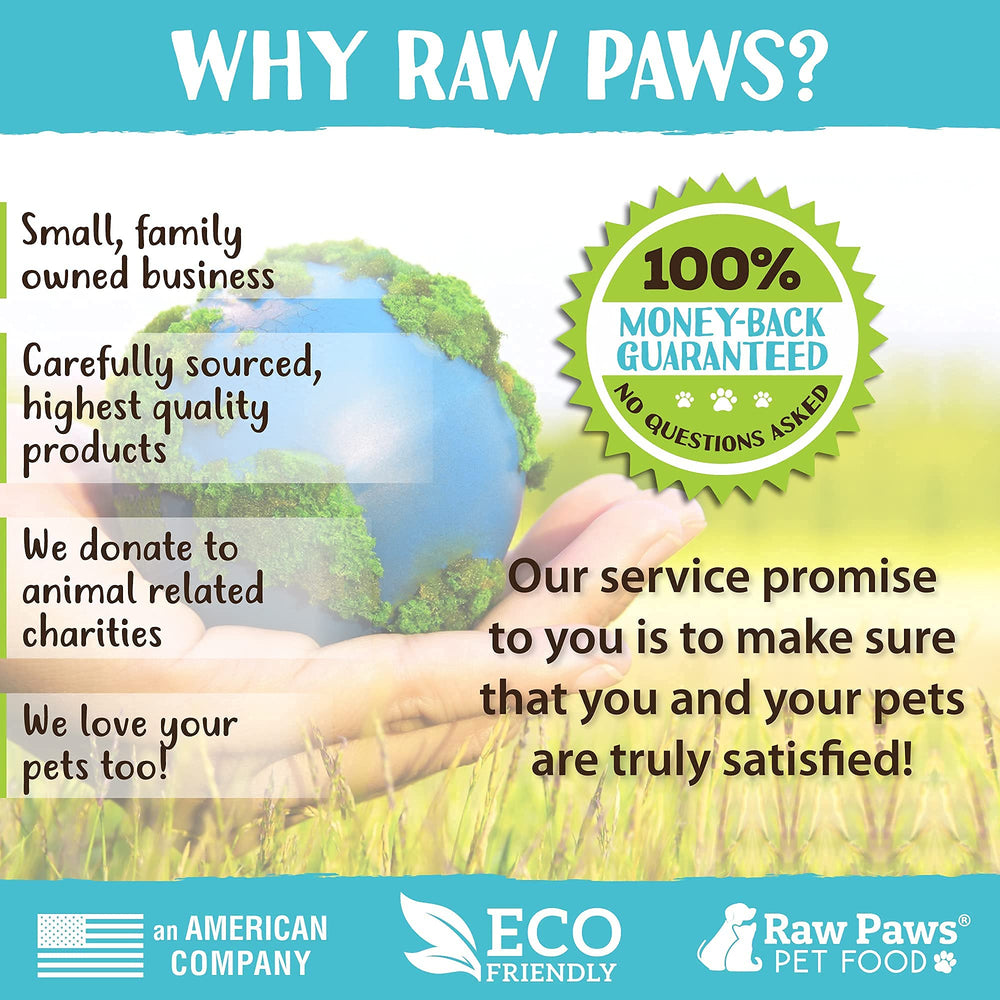 Raw Paws détail du logo et emballage, produit prêt à l'emploi
