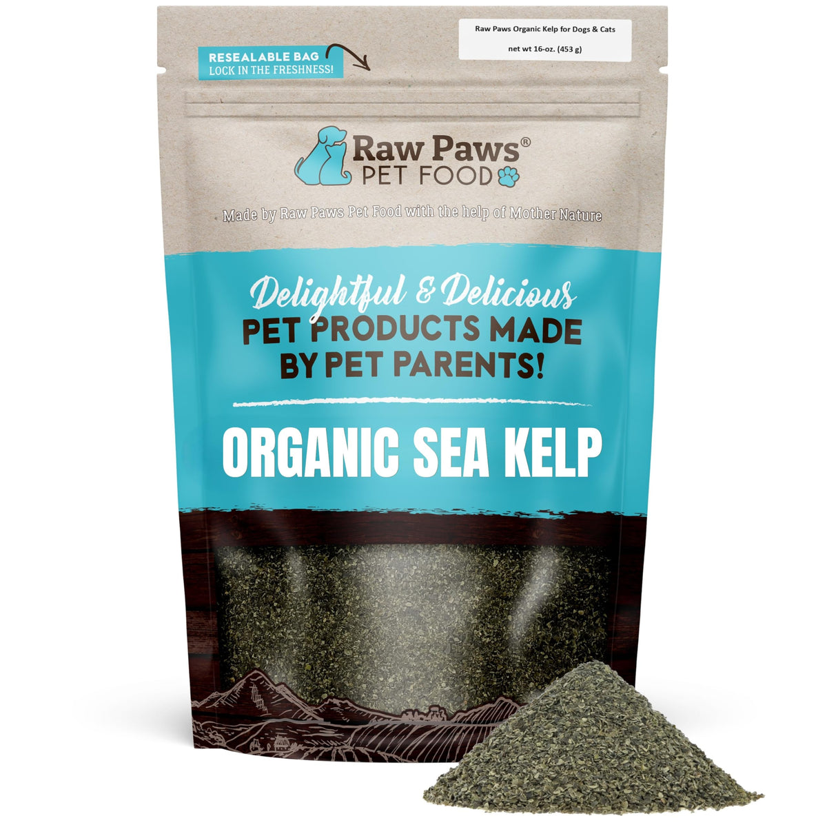 Raw Paws emballage face montrant la poudre kelp biologique et informations produit