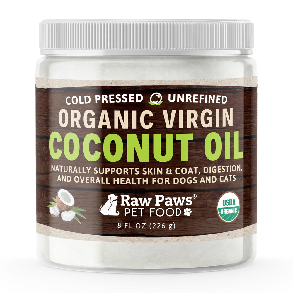 Raw Paws pot face avant montrant l'étiquette claire et le format 8 oz, bénéfice simplicité