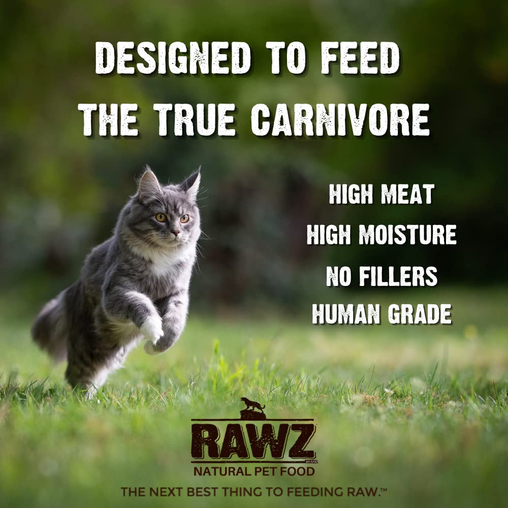Boîte Rawz à côté d’un chat pour comparaison de taille et portion pratique