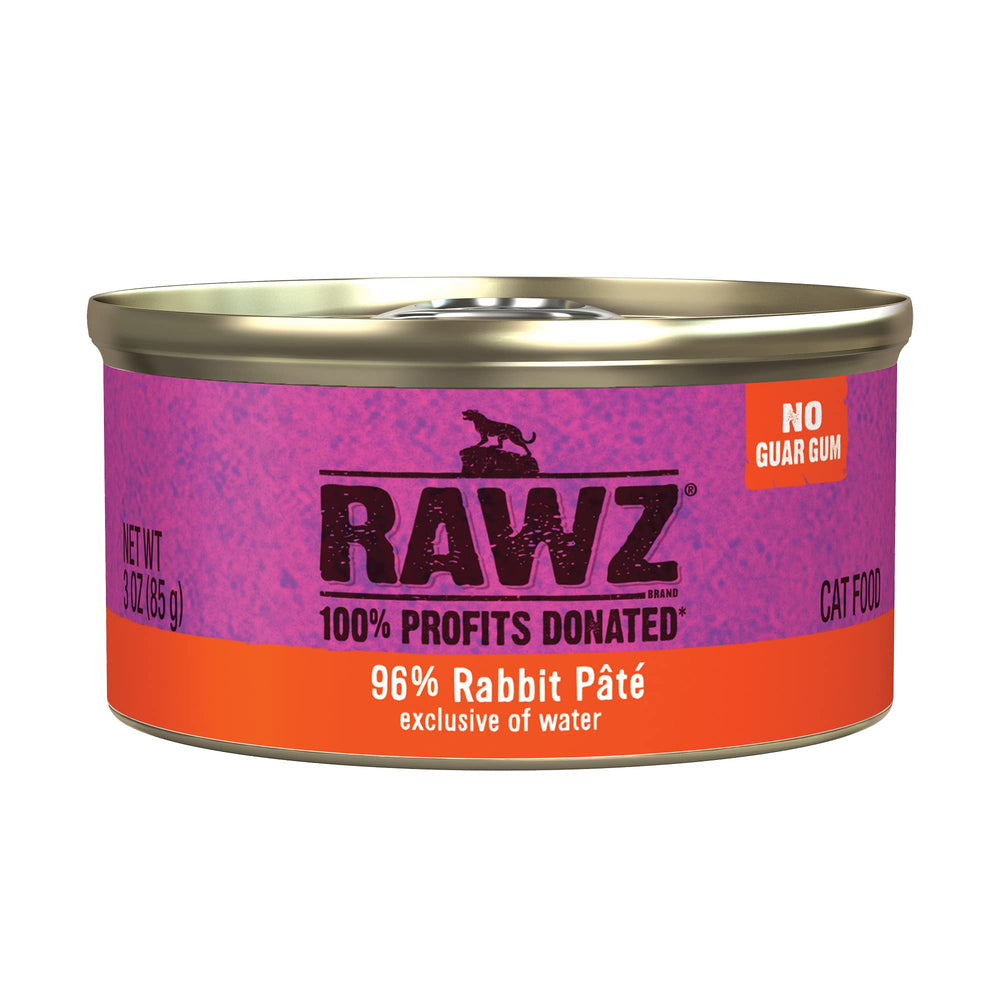 RAWZ pâté lapin face de la boîte montrant l'étiquette claire et bénéfice nutritif