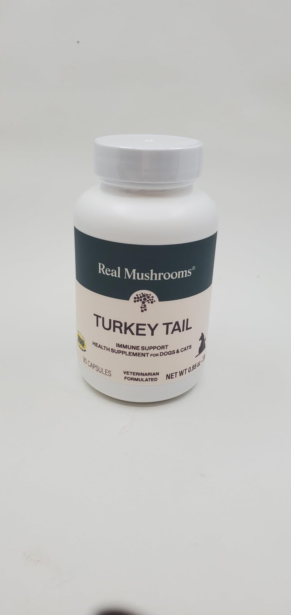 Real Mushrooms bouteille ouverte avec gélules, pratique pour dose quotidienne