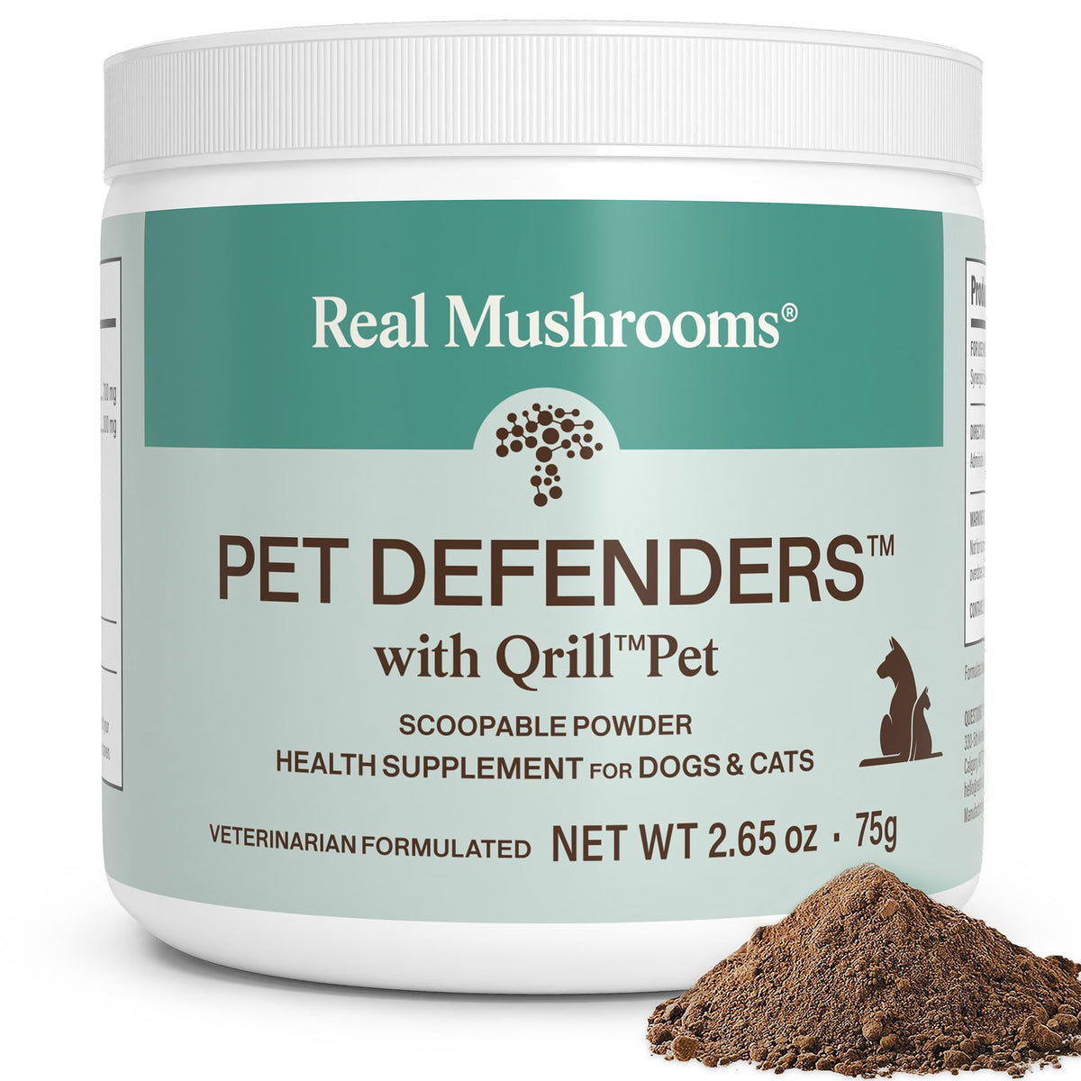 Real Mushrooms emballage avant montrant 75 g et bénéfice confort d'utilisation