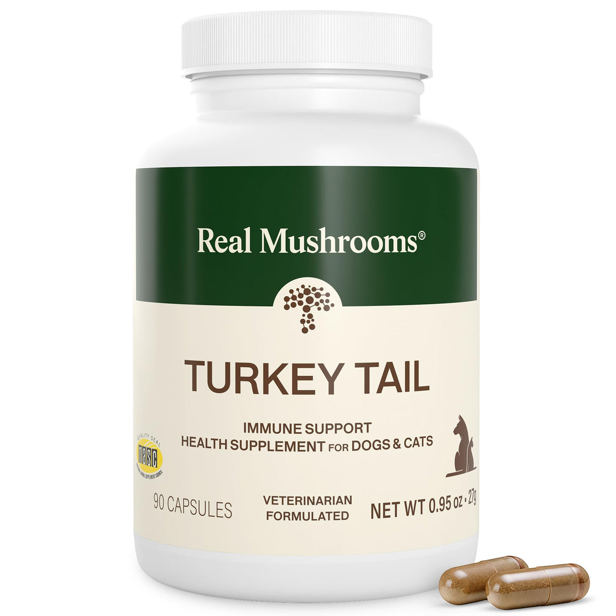 Real Mushrooms emballage avant montrant 90 gélules, transparence et qualité