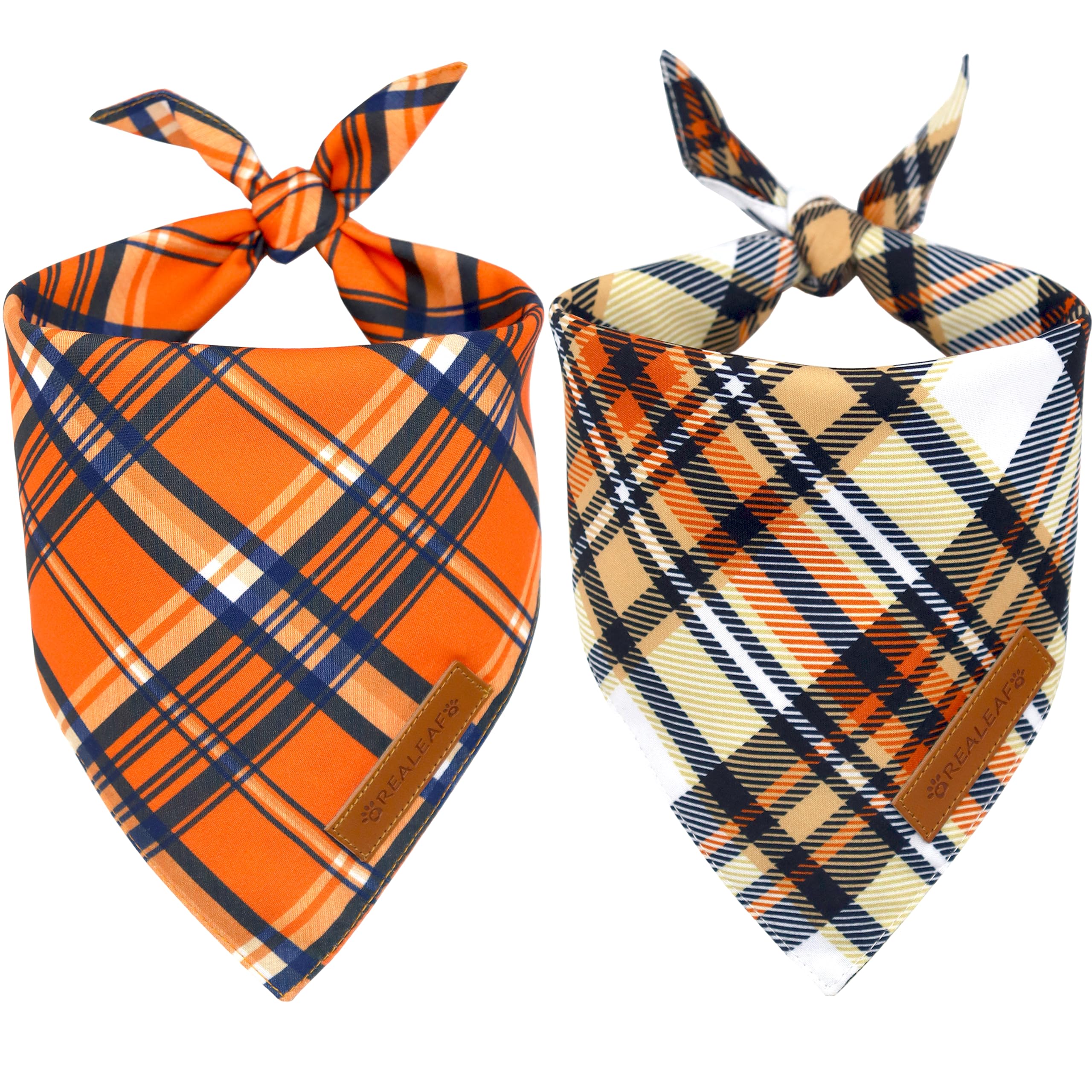 Realeaf bandana automne devant montrant motif orange à carreaux et look réversible