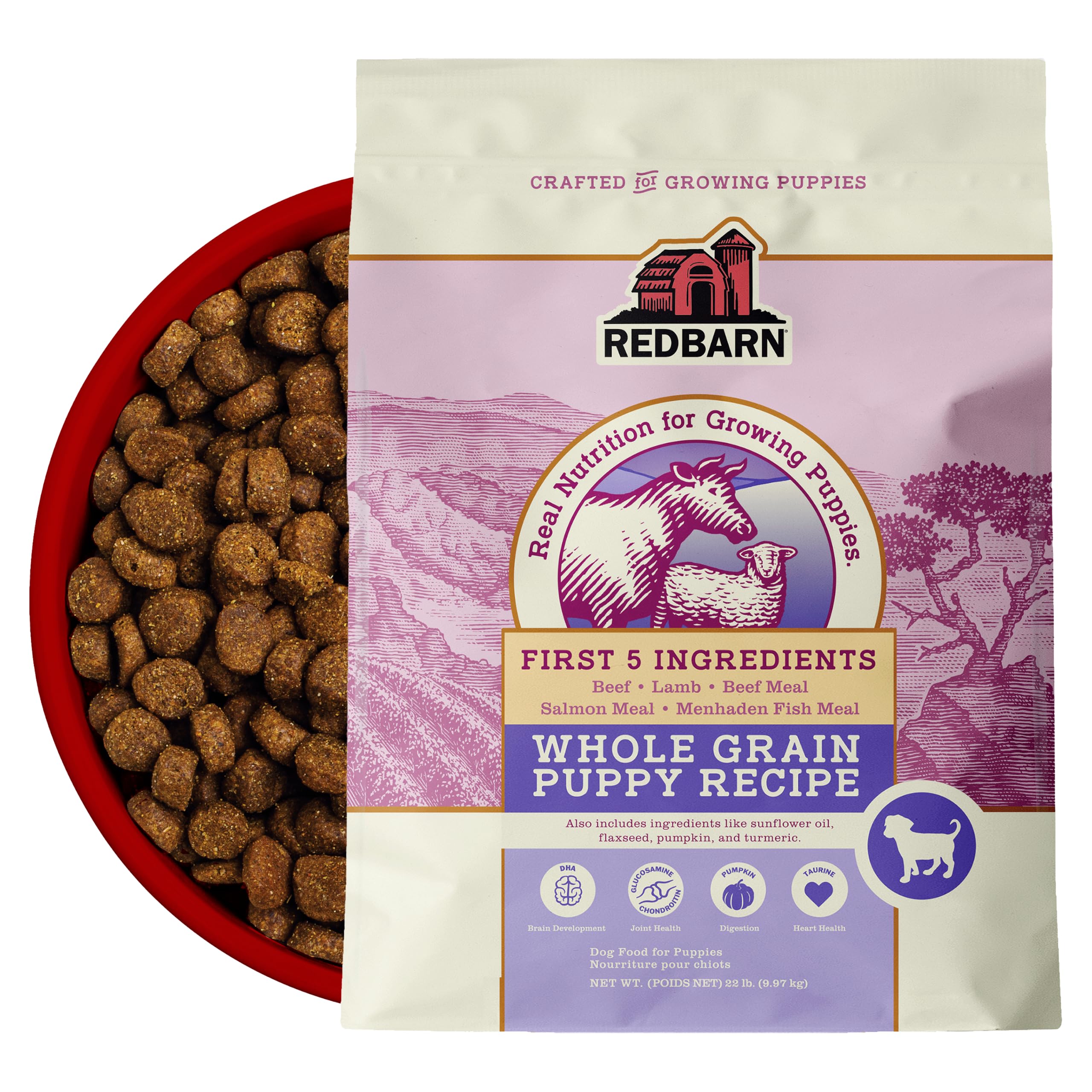 Redbarn packaging 22 lb montrant le sac et bénéfice apport complet
