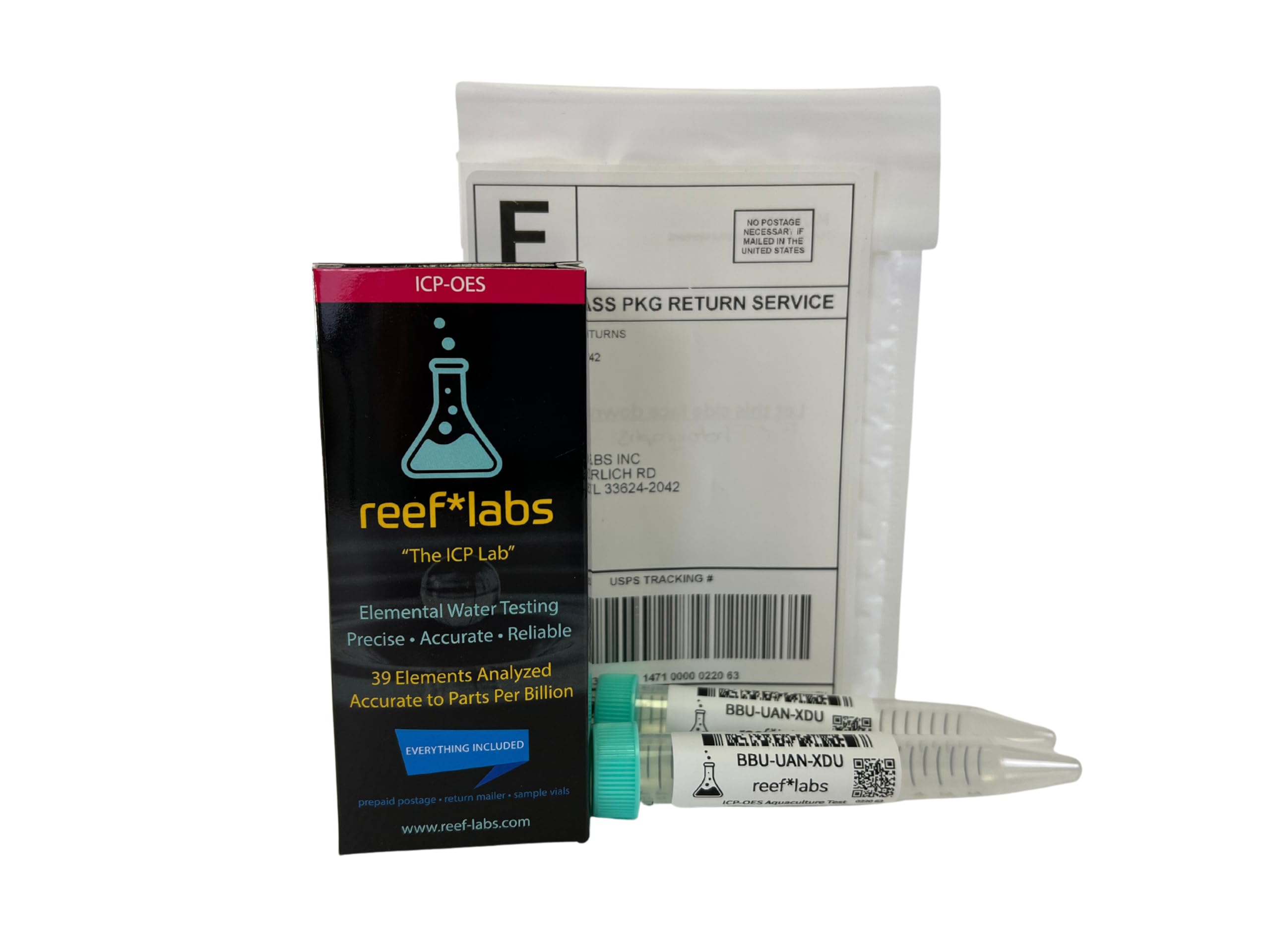 Reef Labs ICP emballage et étiquette prépayée, expédition simple et rapide
