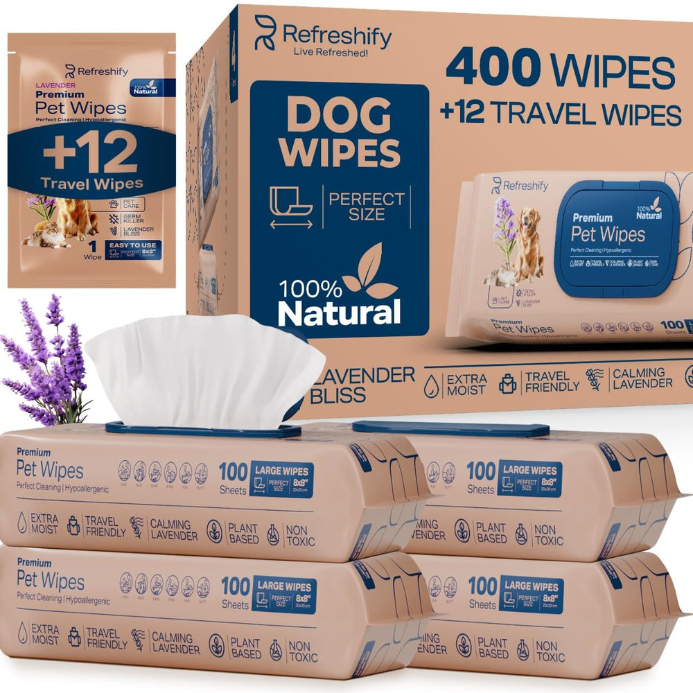 REFRESHIFY paquet frontal montrant 4x100 lingettes, pratique pour stocker