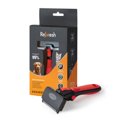 Refuresh brosse face emballage montrant produit et couleur rouge, réduit les poils