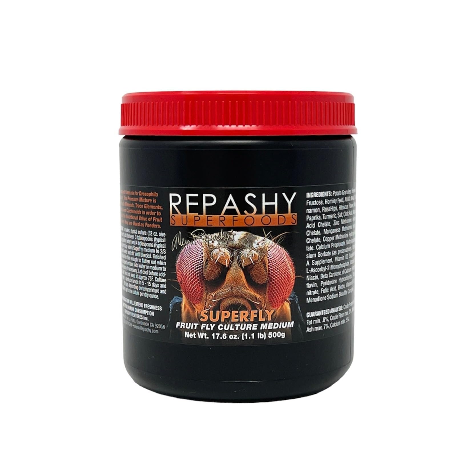 Repashy Superfly pot frontal montrant l'étiquette et avantage nutritionnel