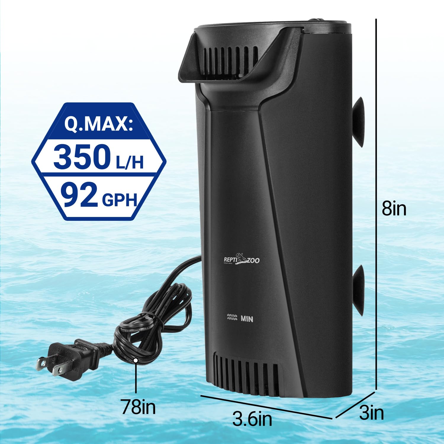 REPTI ZOO gros plan cartouche 3-étages montrant filtration complète et efficace