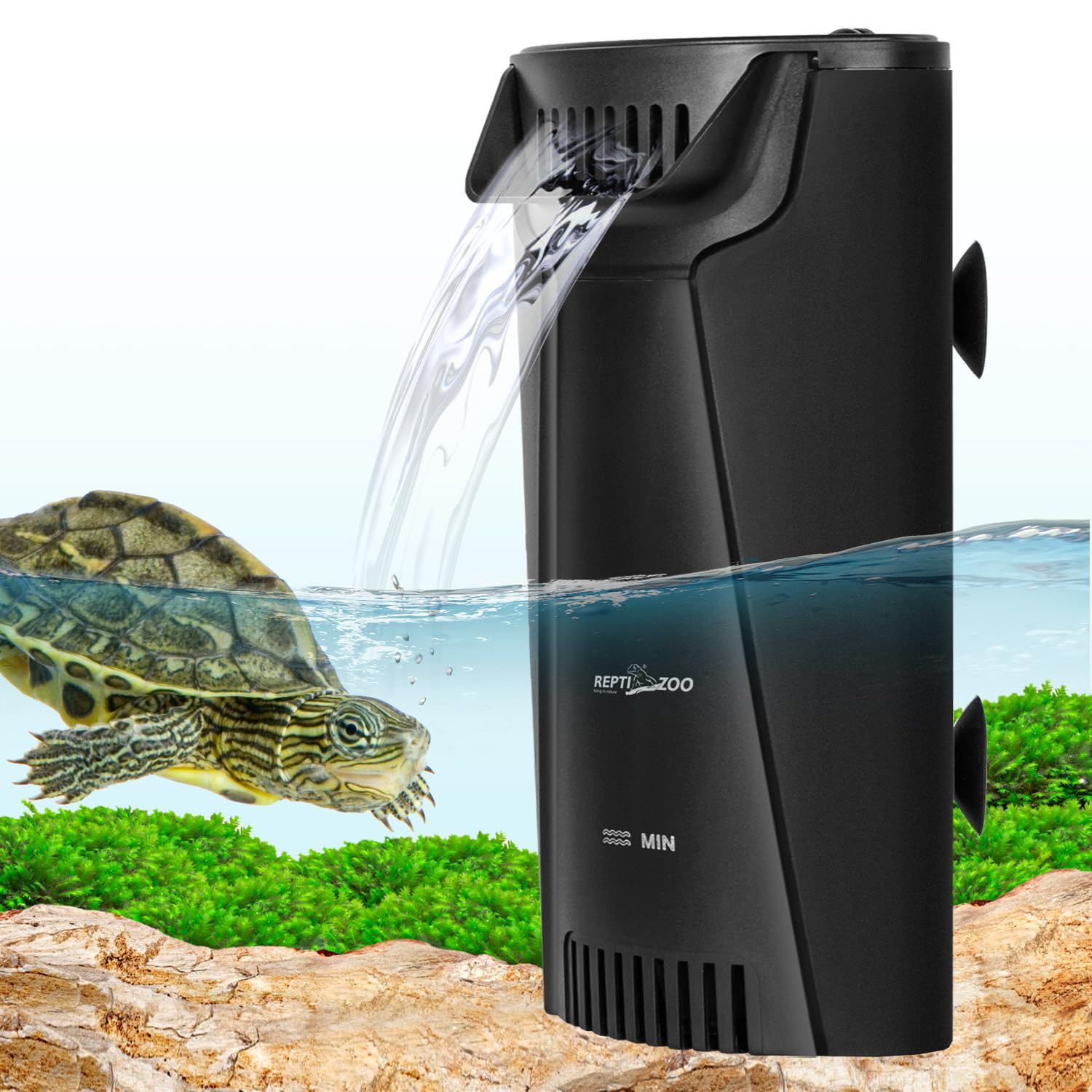 REPTI ZOO filtre fixé en coin d'aquarium optimisant l'espace et le décor