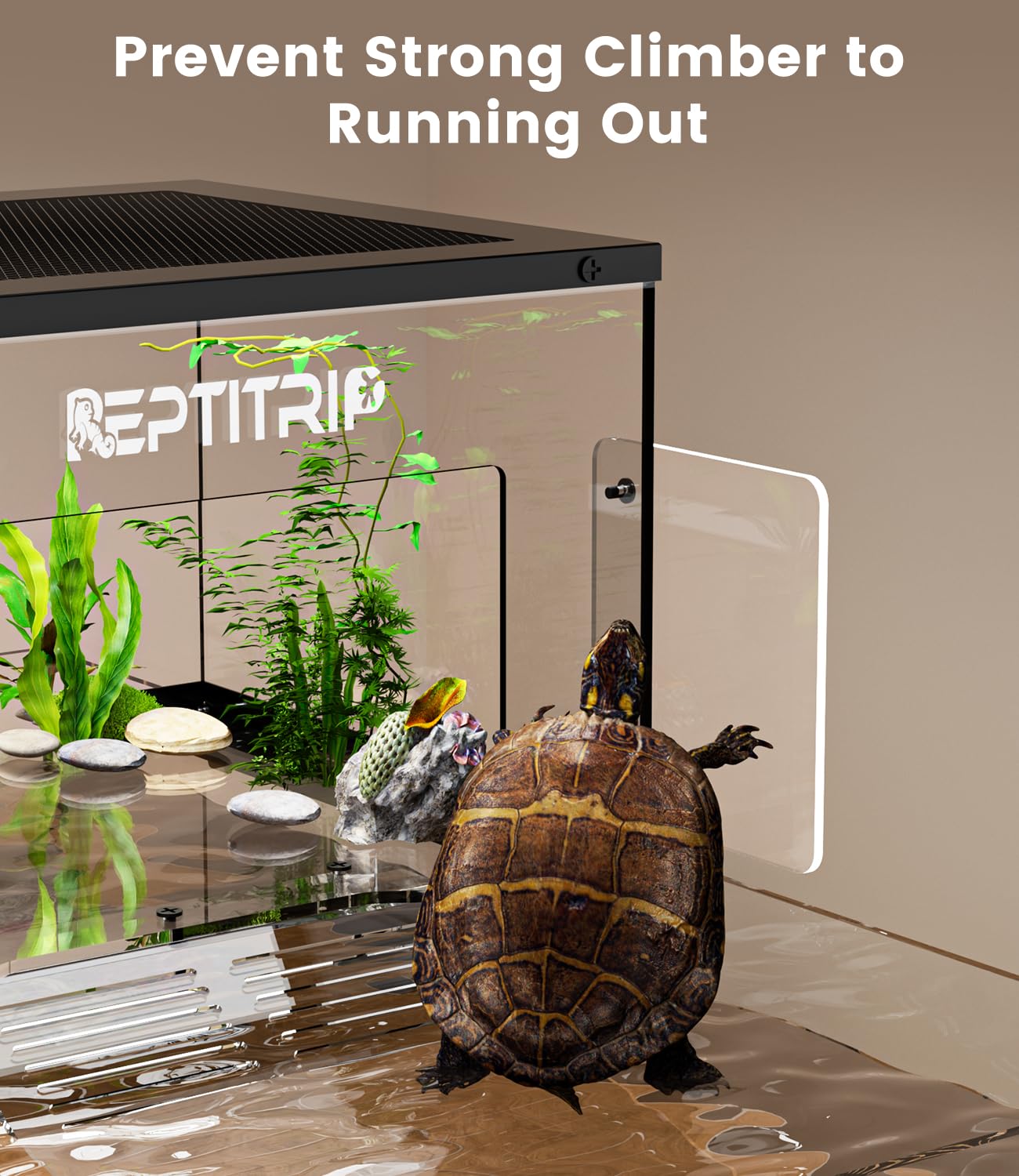 REPTITRIP installation sur aquarium en situation, préserve volume de nage