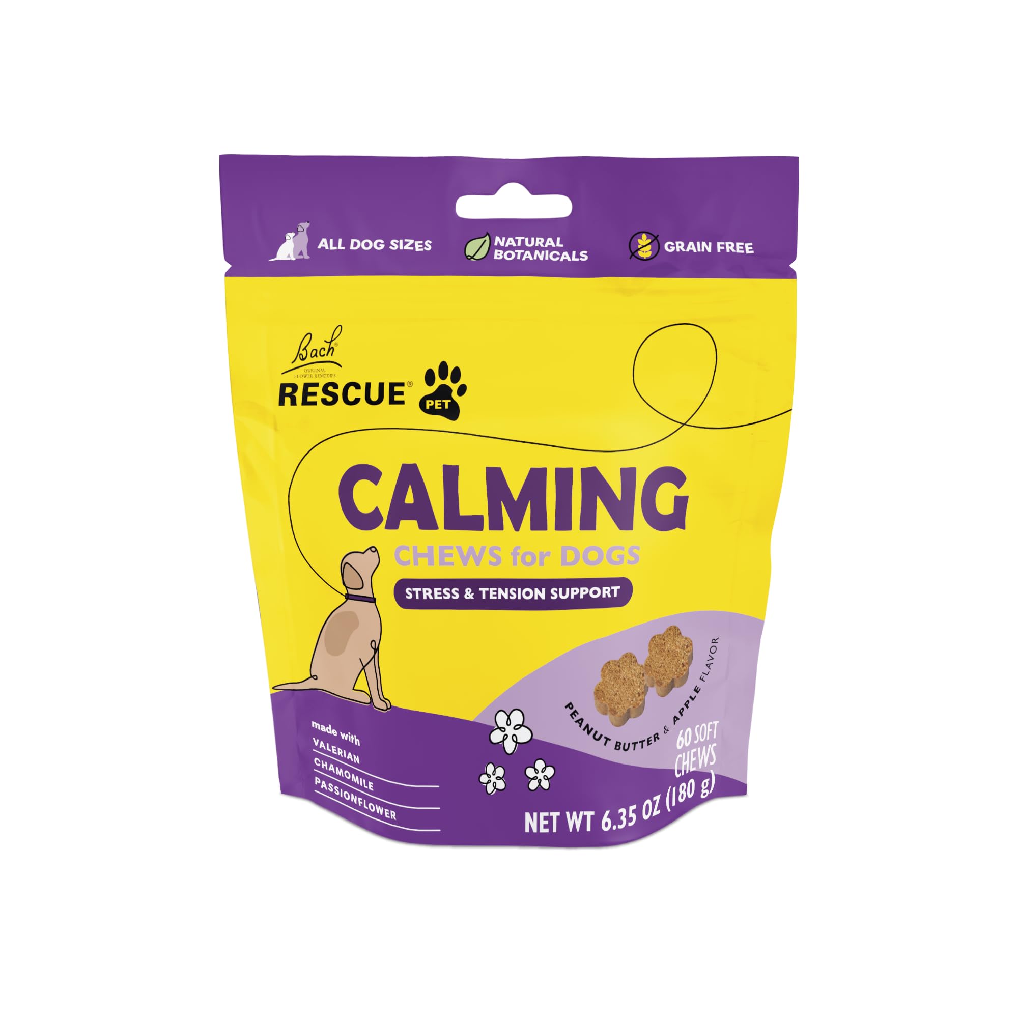RESCUE boîte avant montrant 60 pastilles et goût beurre de cacahuète pomme, facilite l'administration