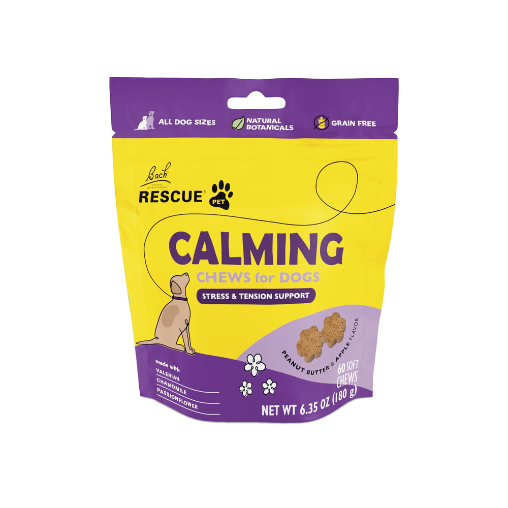 RESCUE boîte avant montrant 60 pastilles et goût beurre de cacahuète pomme, facilite l'administration