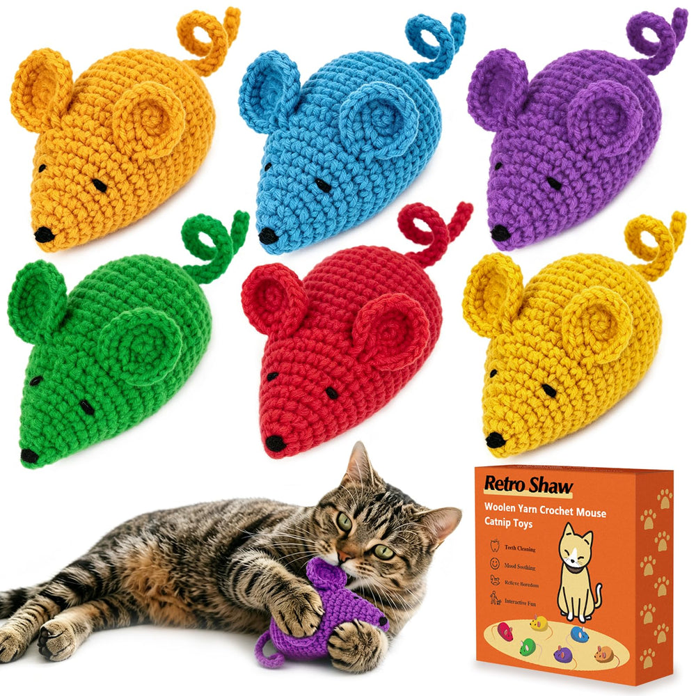 Retro Shaw pack de six souris crochetées montrant l'ensemble et la variété