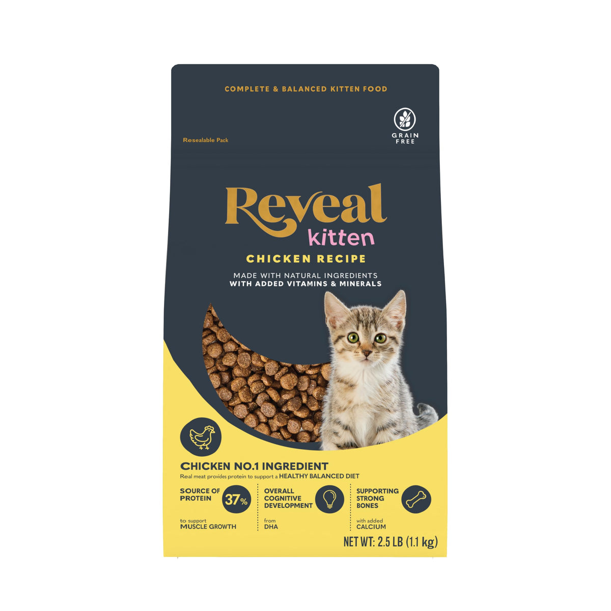 Reveal emballage avant du sac 2.5 lb montrant la formule pour chaton bénéfice nutritionnel