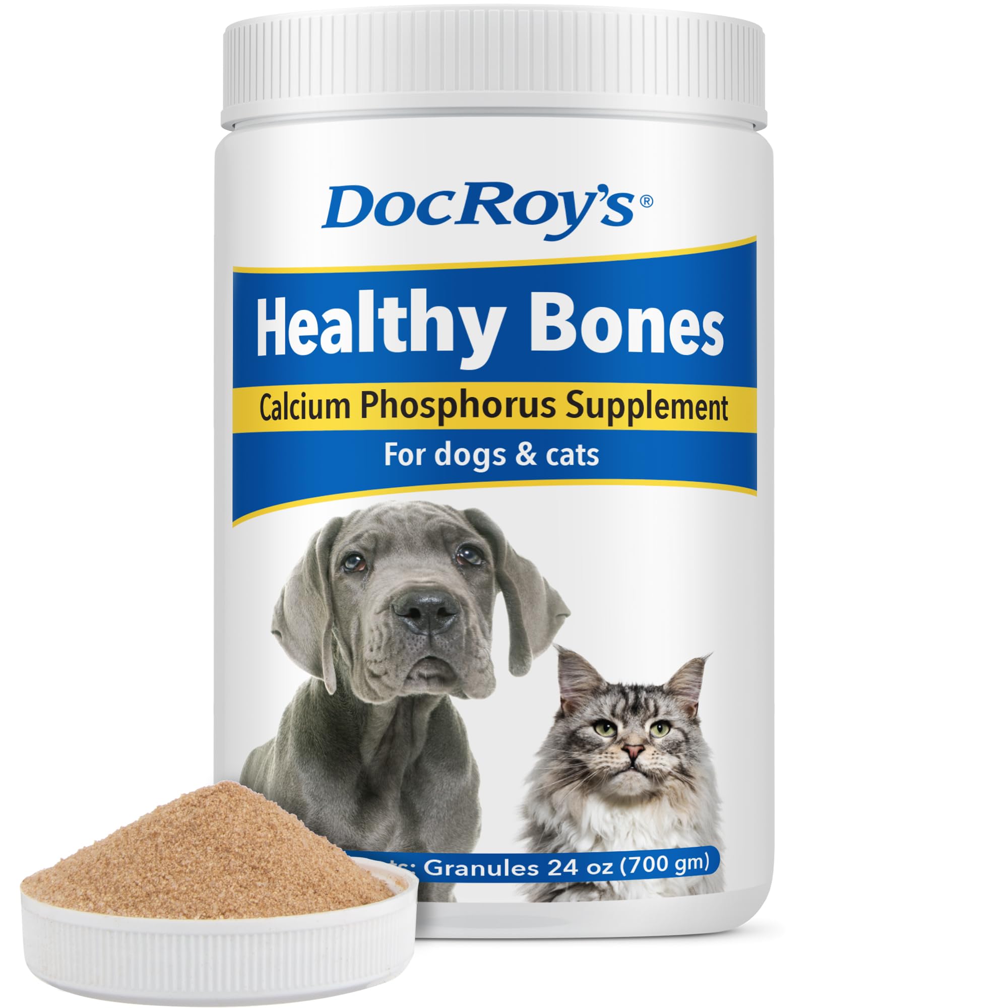 Revival Animal Health Doc Roy's emballage avant 700 g montrant l'étiquette et bénéfice praticité