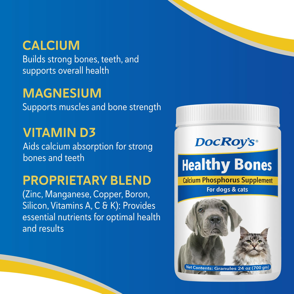 Revival Animal Health Doc Roy's poudre saupoudrée sur croquettes illustrant administration simple