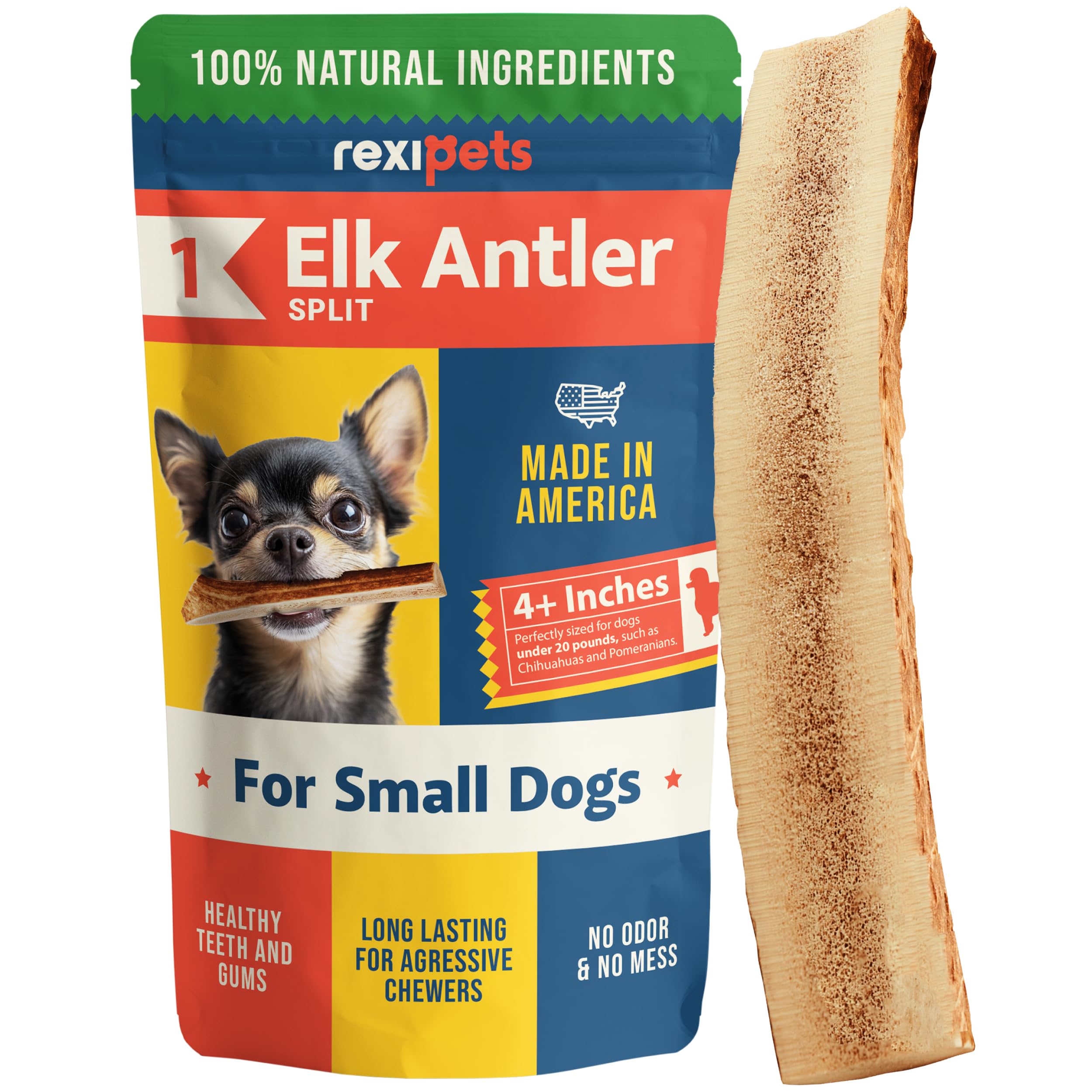 REXIPETS antler frontal emballage montrant durabilité
