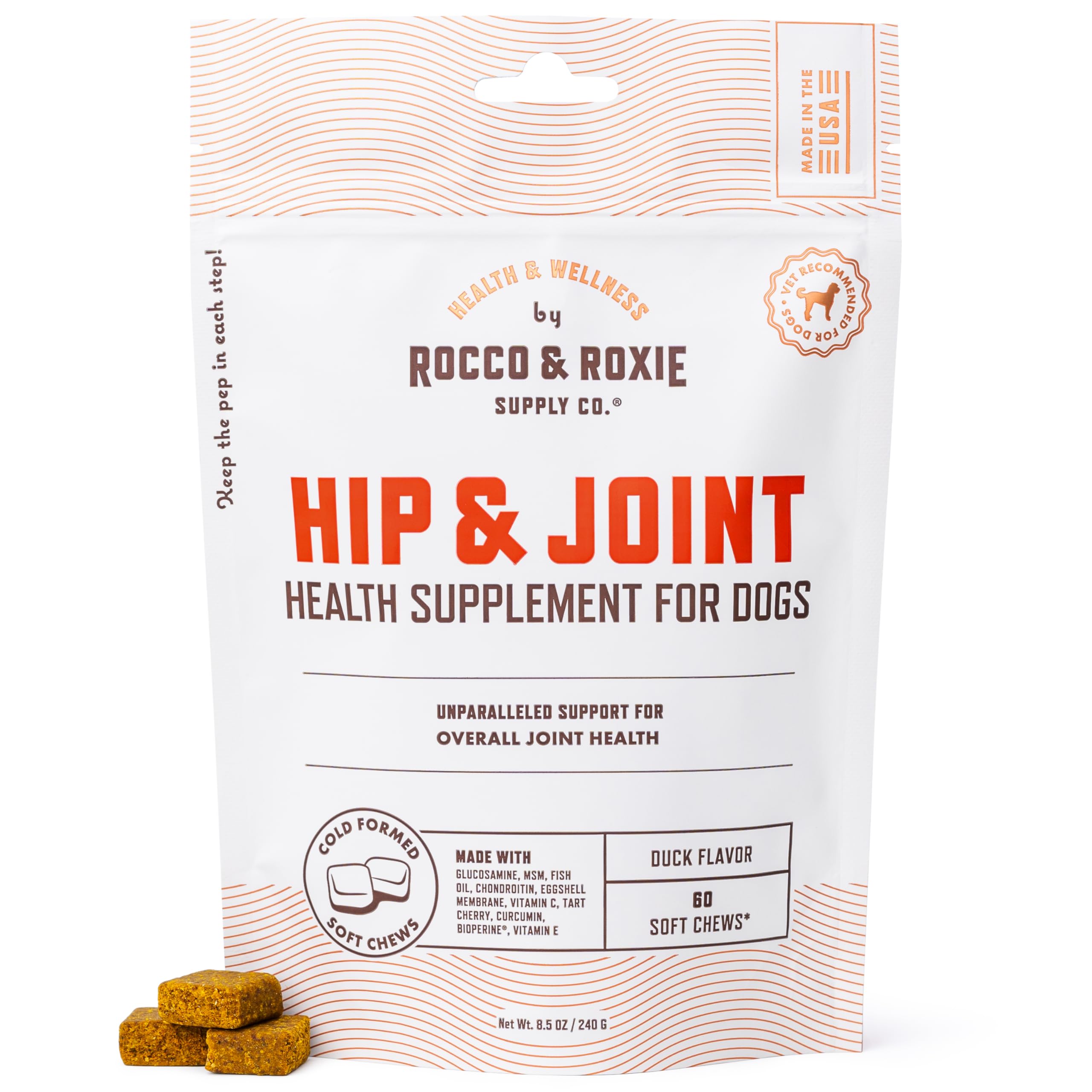 Rocco & Roxie emballage avant montrant le produit et bénéfice soutien articulaire