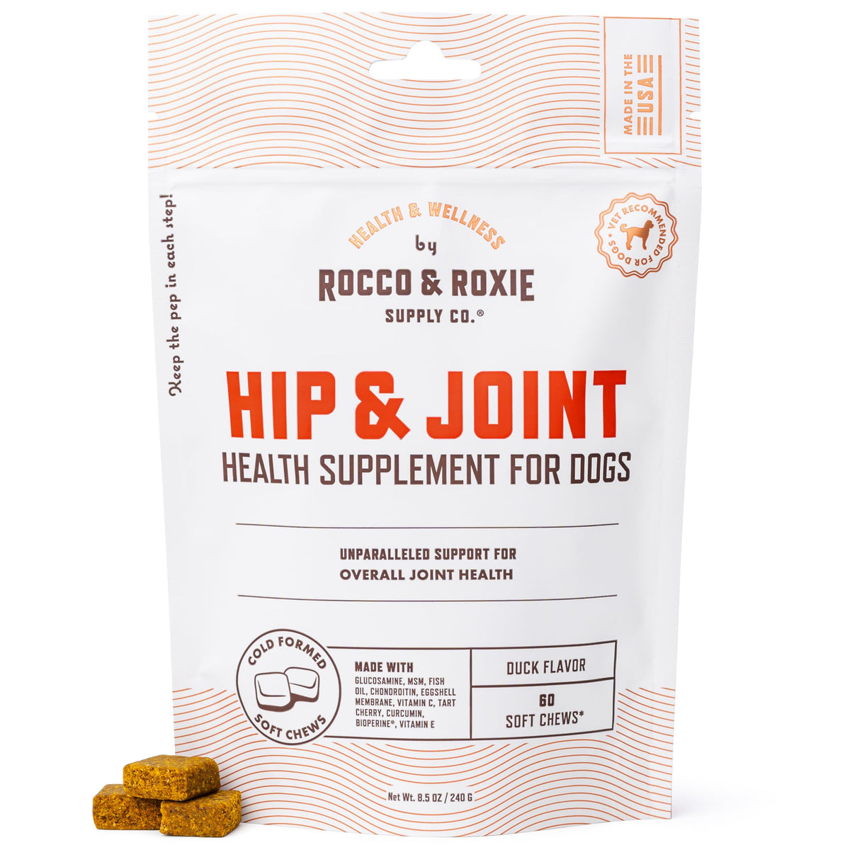 Rocco & Roxie emballage avant montrant le produit et bénéfice soutien articulaire