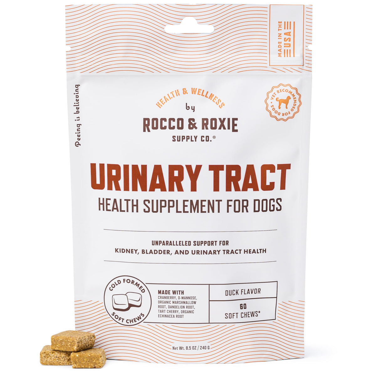 Rocco & Roxie emballage avant montrant 60 chews et bénéfice praticité