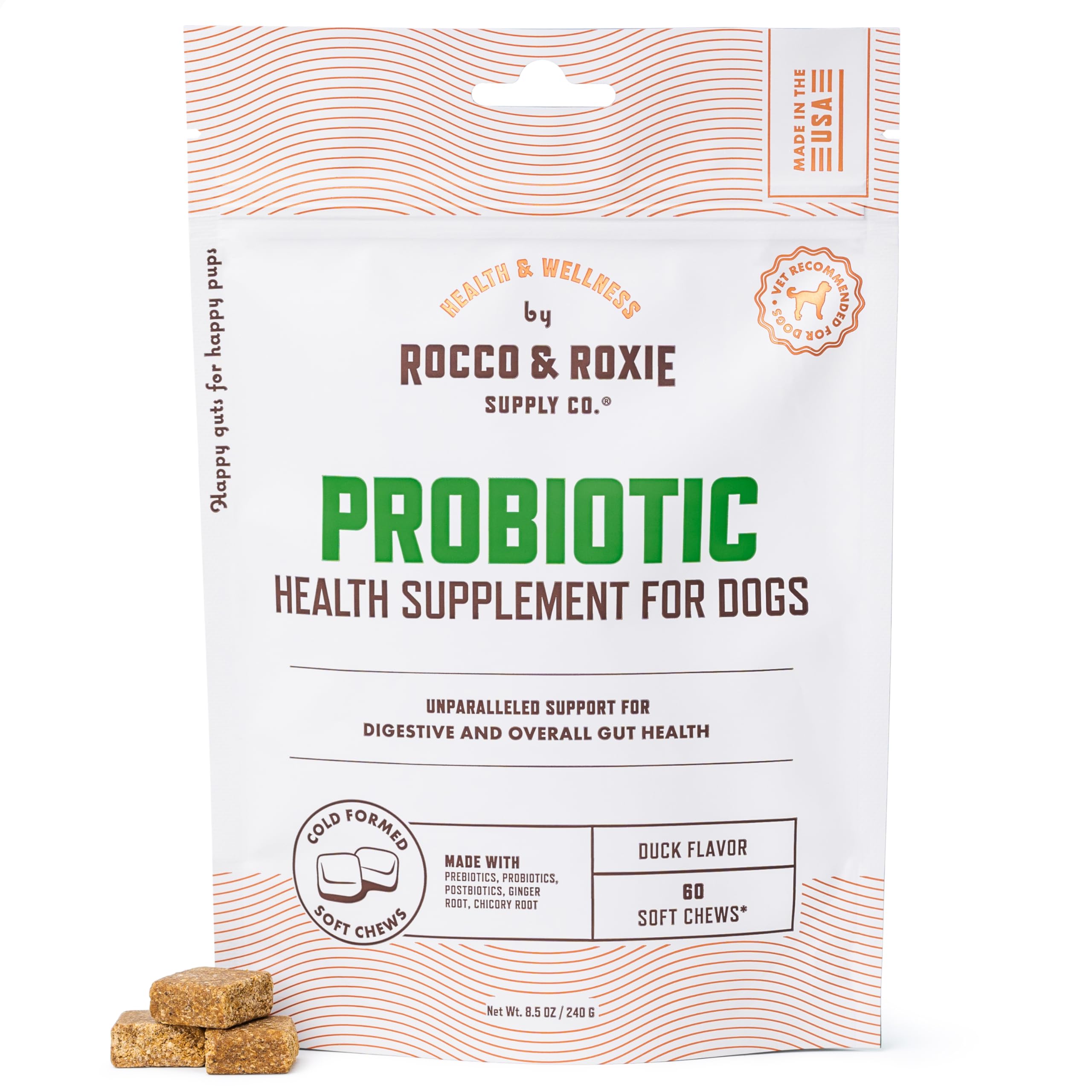 Rocco & Roxie emballage avant montrant 60 friandises et bénéfice appétence