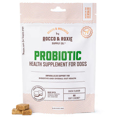 Rocco & Roxie emballage avant montrant 60 friandises et bénéfice appétence