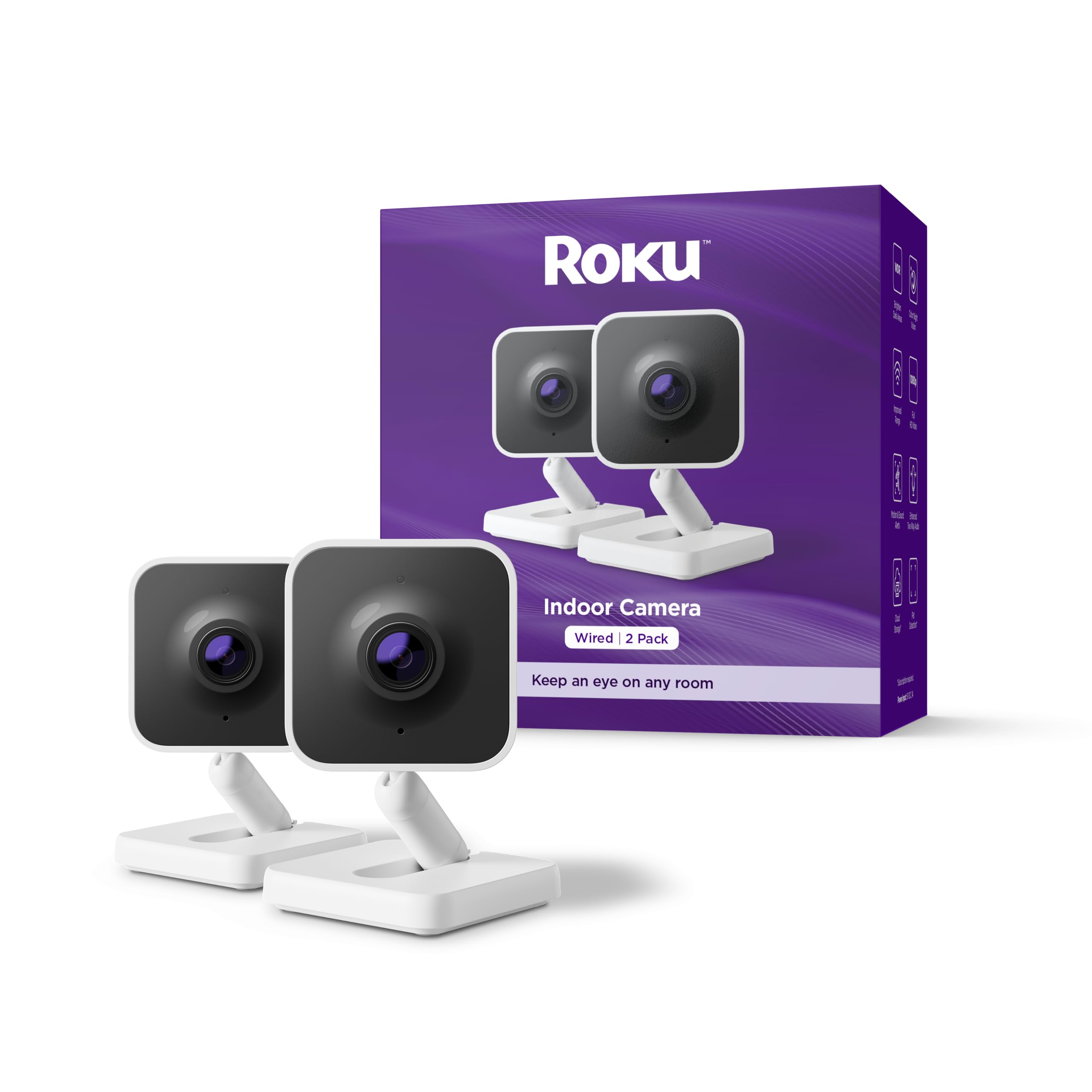 Roku caméra emballage avant montrant contenu et avantages de surveillance