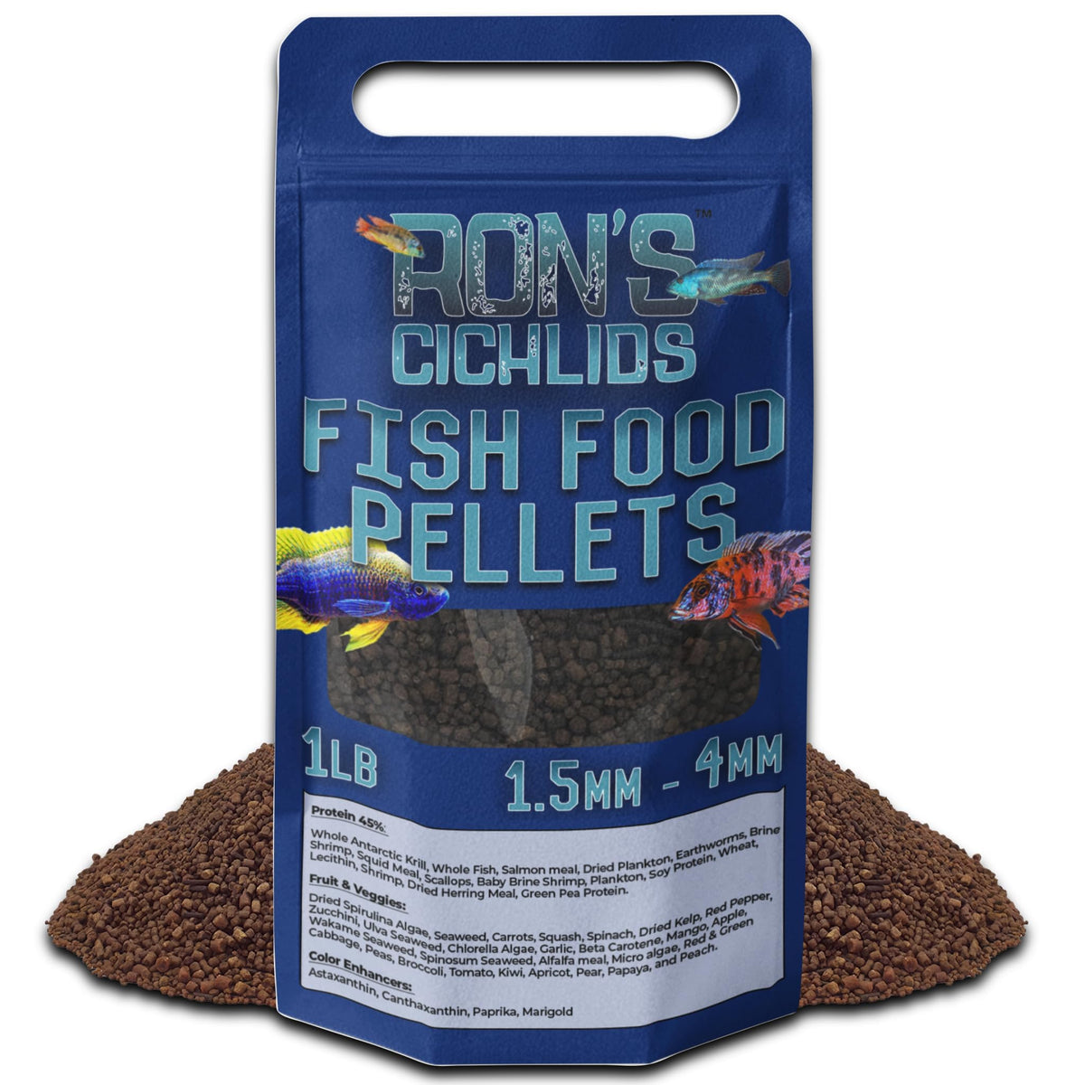 RON'S CICHLIDS emballage avant montrant informations produit et bénéfices