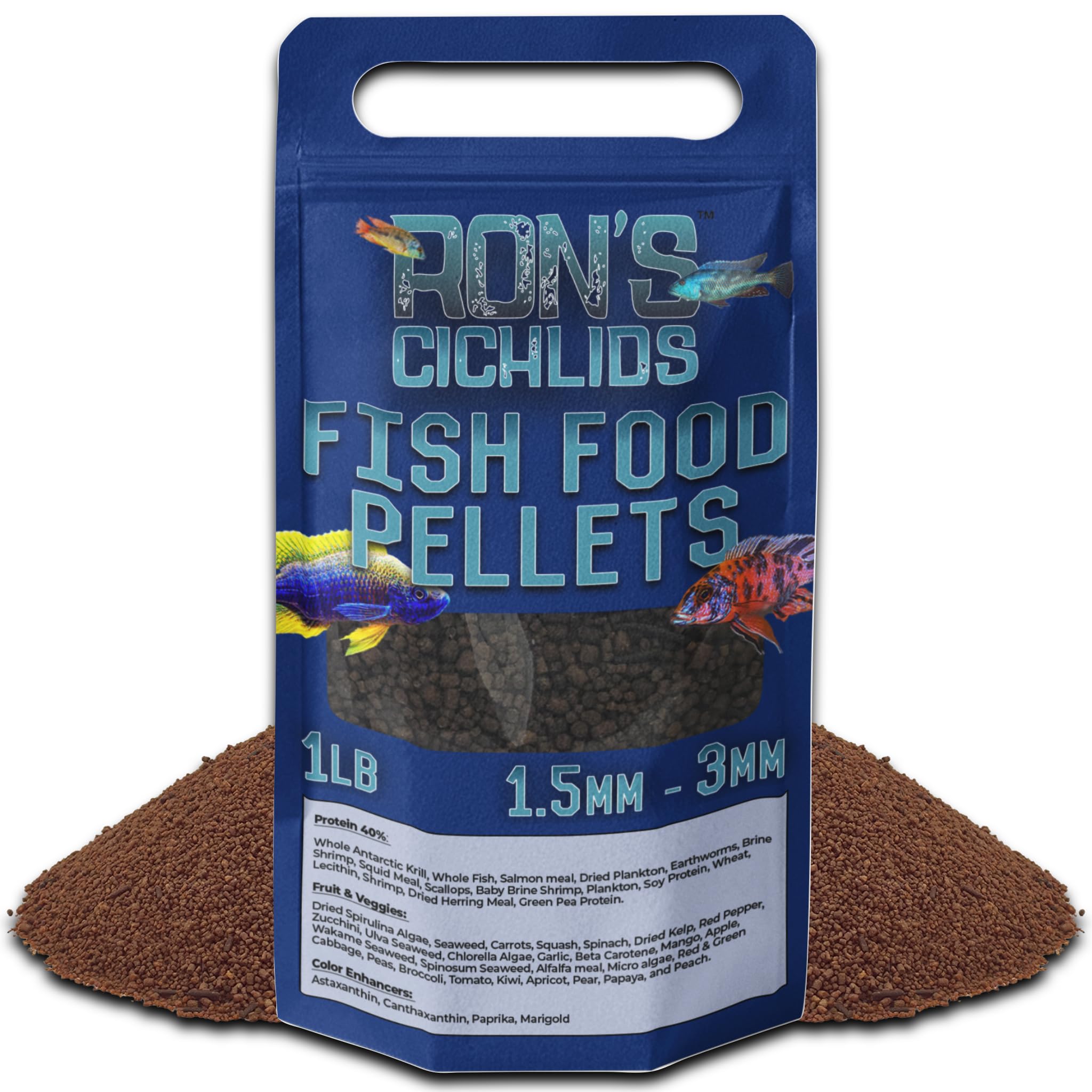 RON'S CICHLIDS emballage avant montrant formule pour couleur et vitalité