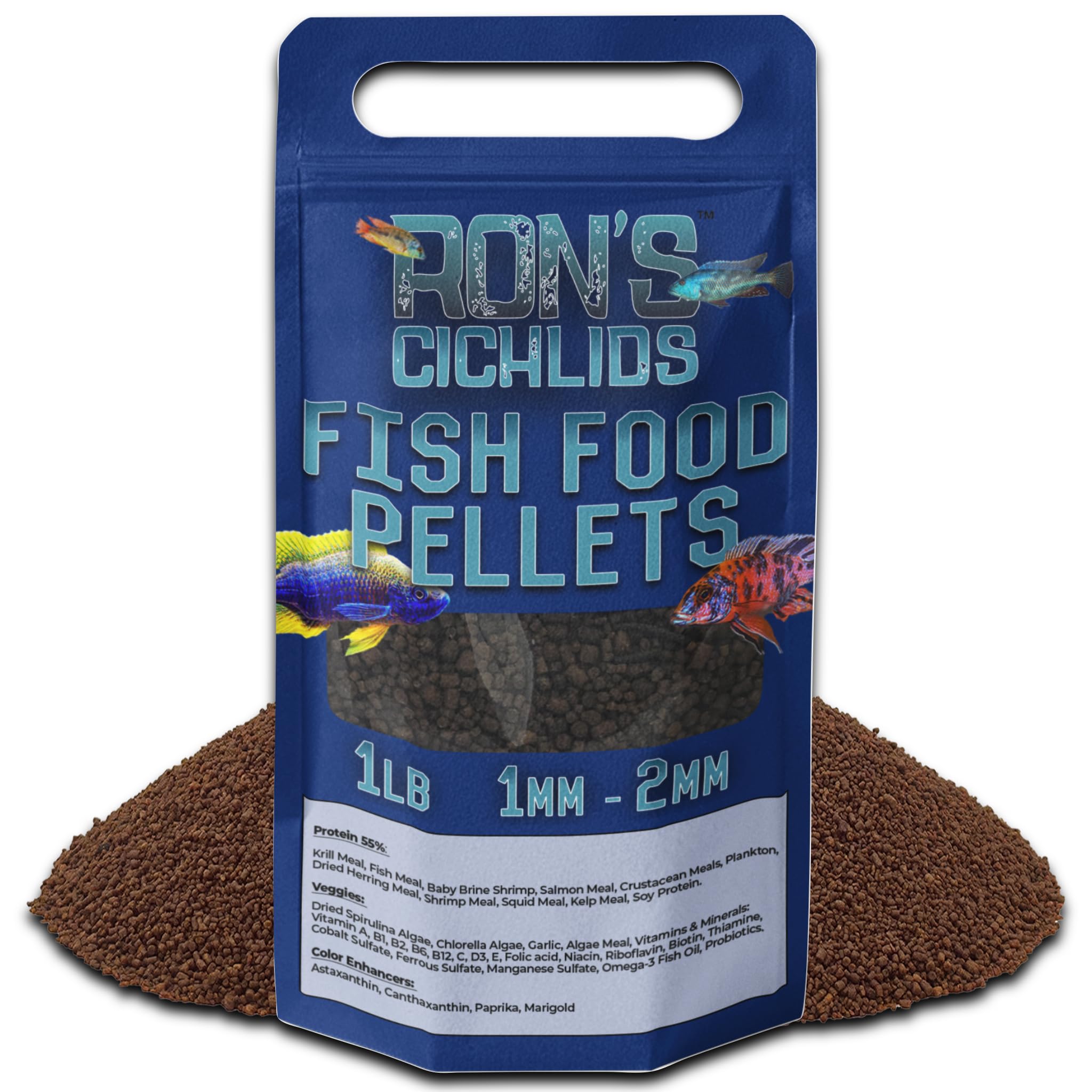 RON'S CICHLIDS emballage face montrant 1 lb et bénéfice nutritionnel