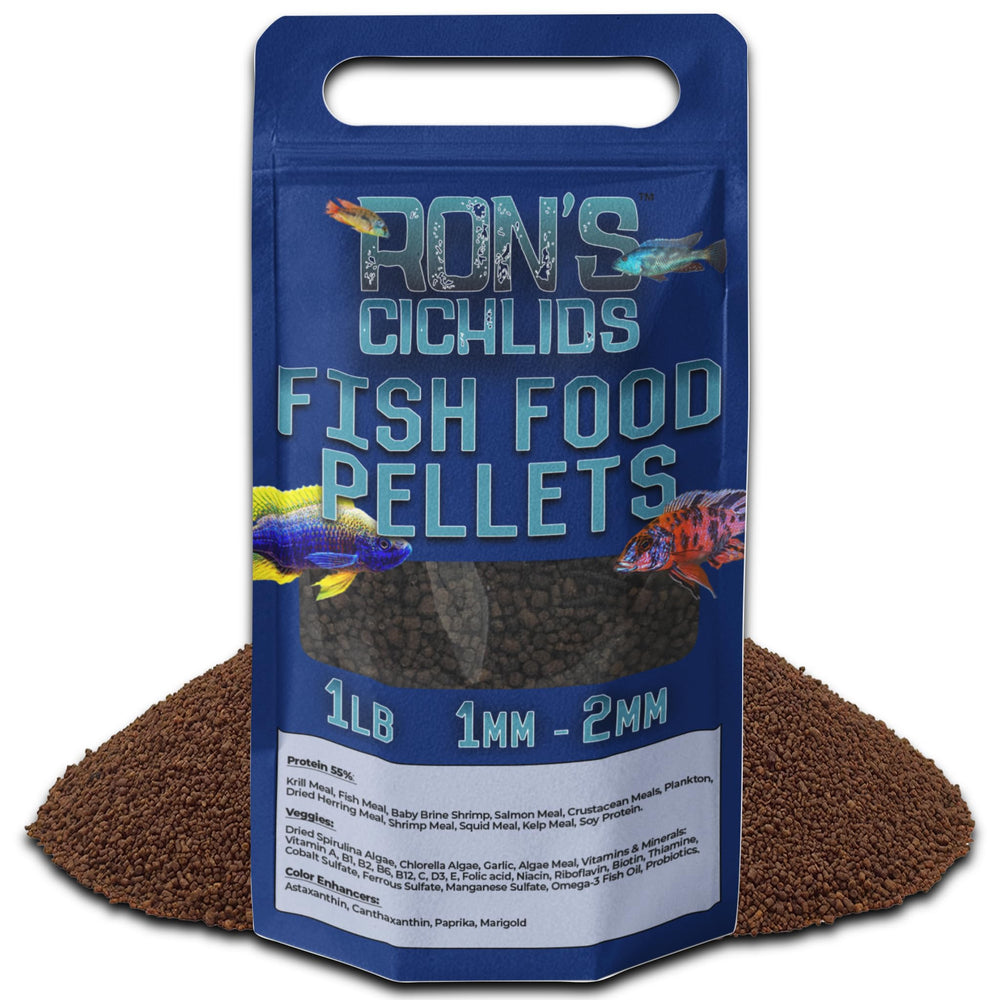 RON'S CICHLIDS emballage face montrant 1 lb et bénéfice nutritionnel